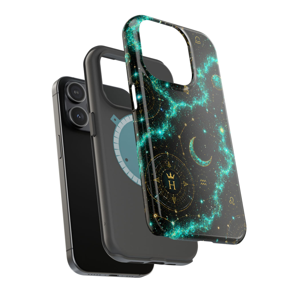 Astrology Constellation Magnetic Phone Case — Impact‑Resistant, Teal Nebula Moon & Zodiac Design