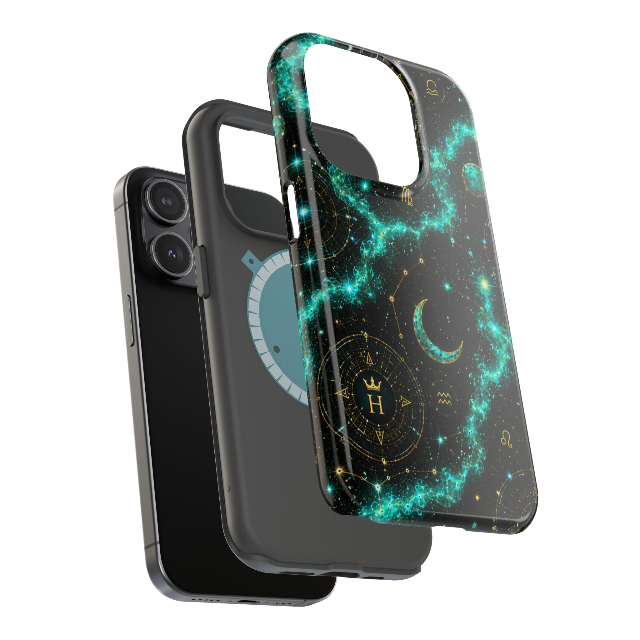 Astrology Constellation Magnetic Phone Case — Impact‑Resistant, Teal Nebula Moon & Zodiac Design