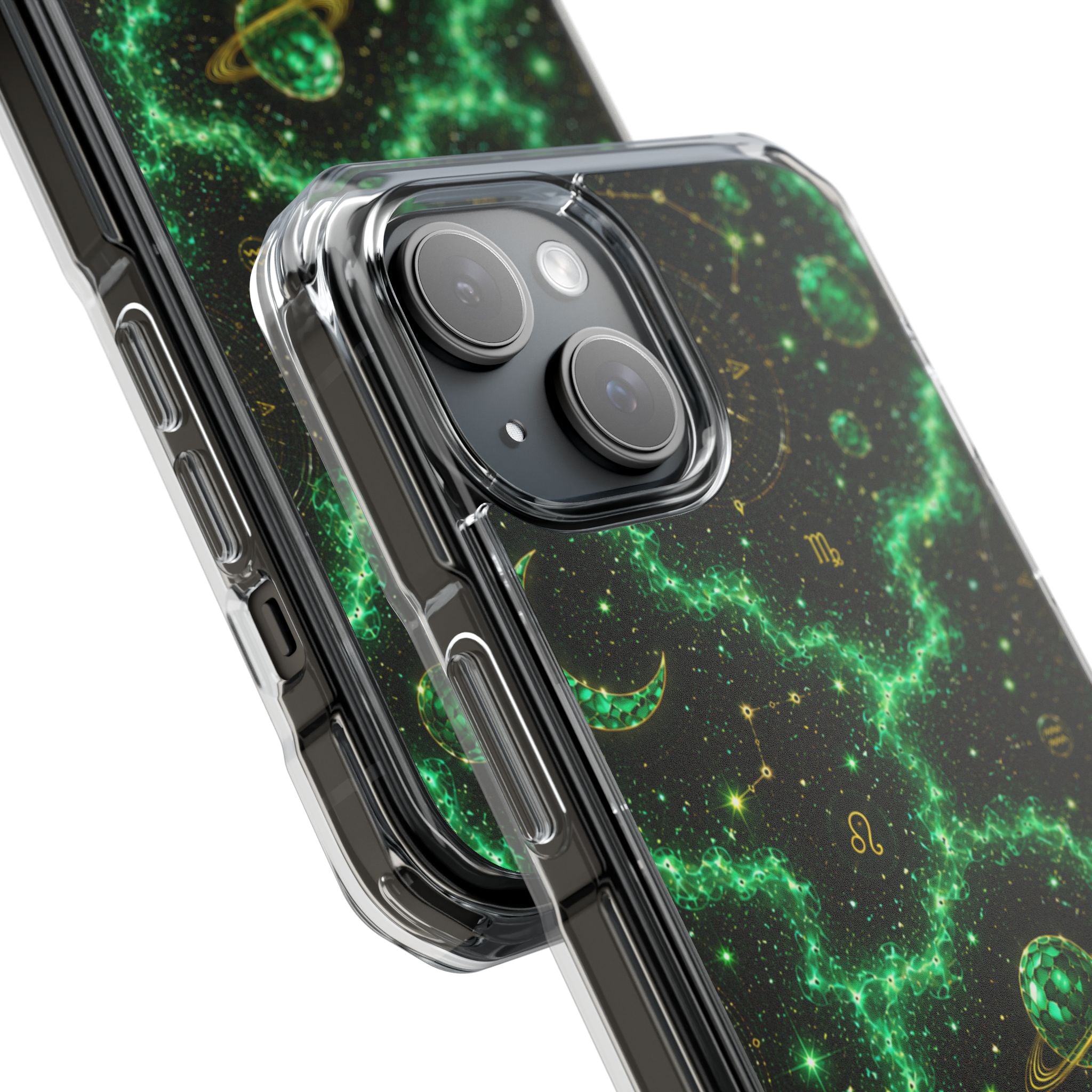 Clear Magnetic Phone Case — Neon Green Galaxy Planets Design