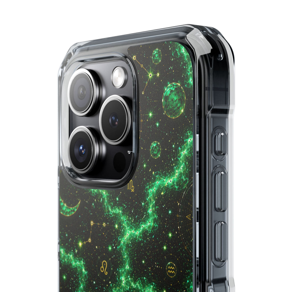 Clear Magnetic Phone Case — Neon Green Galaxy Planets Design