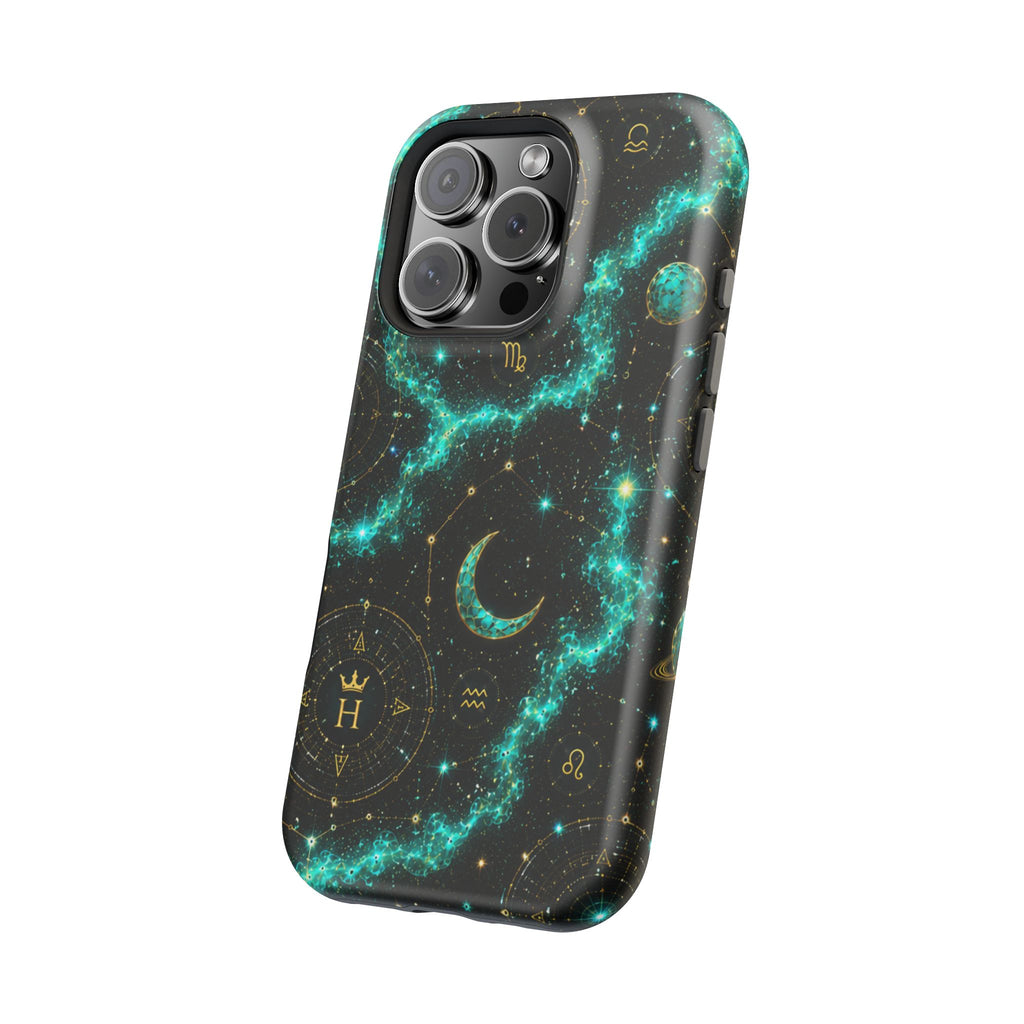 Astrology Constellation Magnetic Phone Case — Impact‑Resistant, Teal Nebula Moon & Zodiac Design