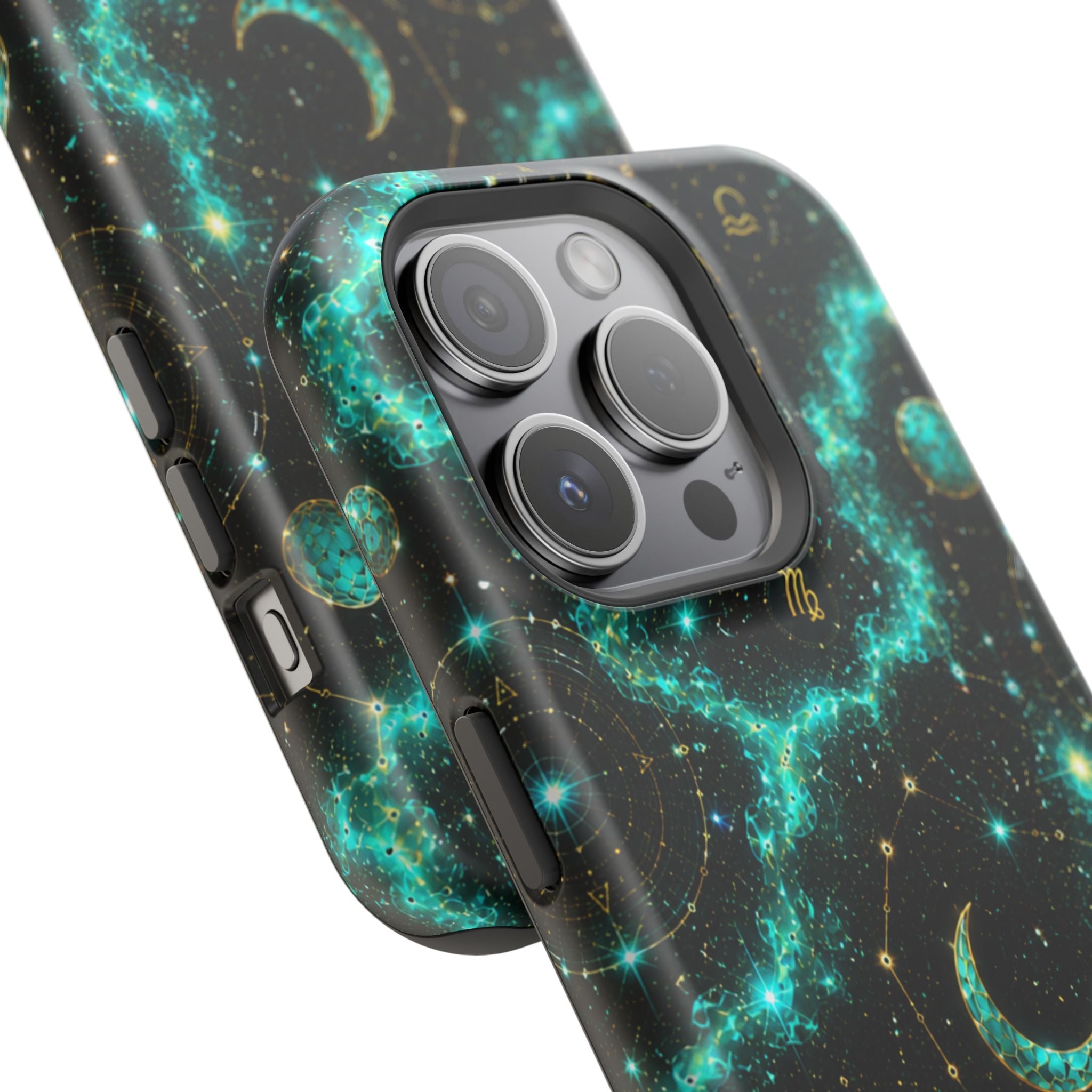 Astrology Constellation Magnetic Phone Case — Impact‑Resistant, Teal Nebula Moon & Zodiac Design