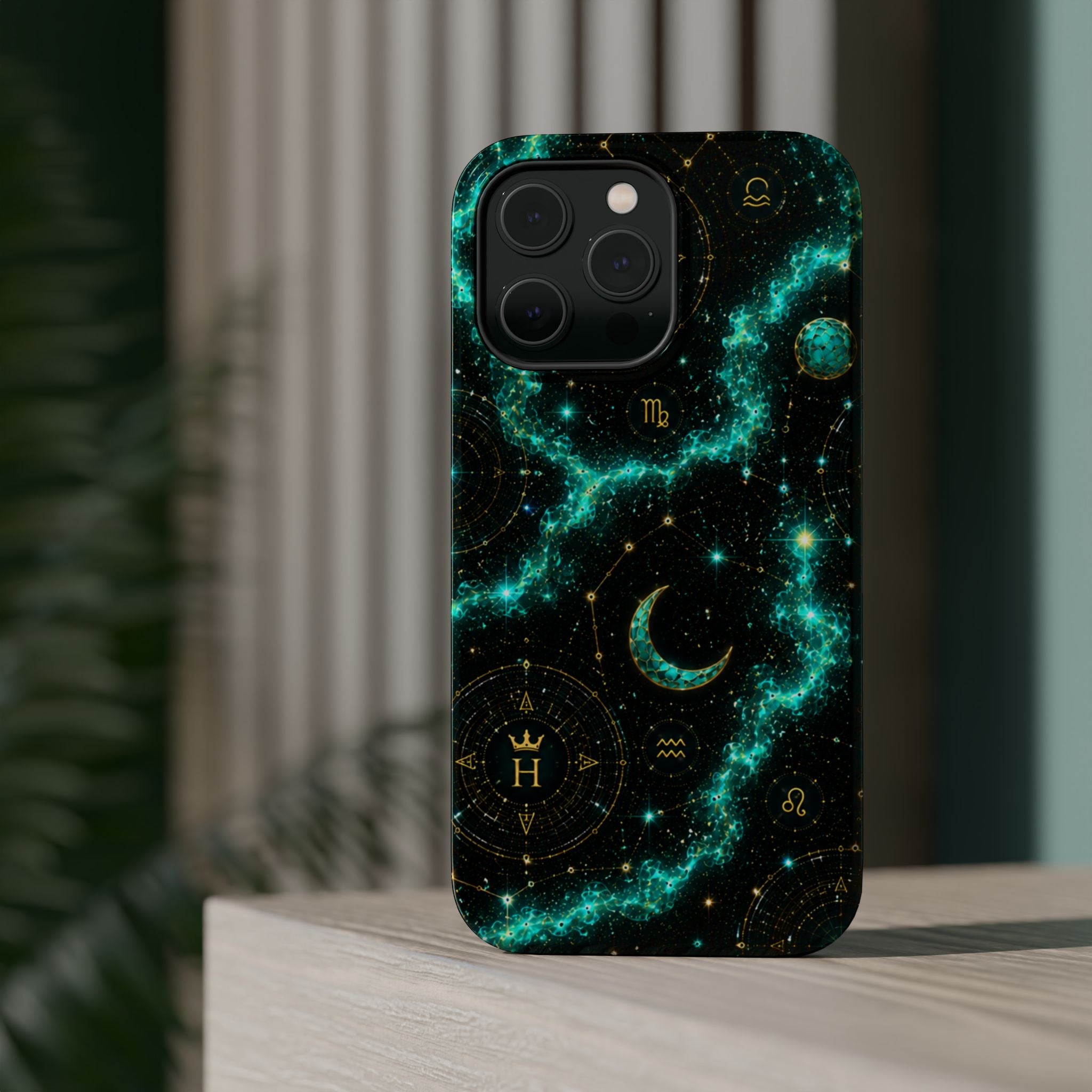 Astrology Constellation Magnetic Phone Case — Impact‑Resistant, Teal Nebula Moon & Zodiac Design