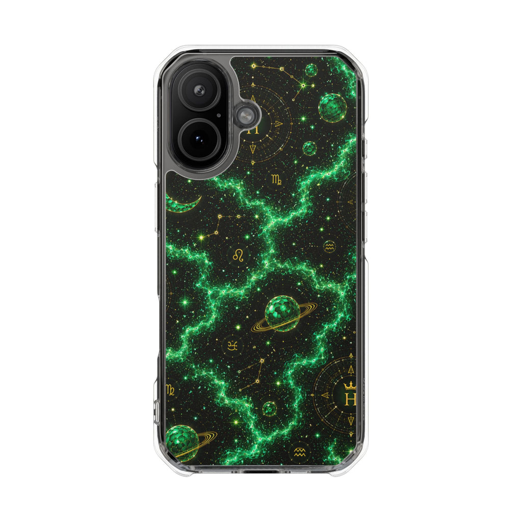Clear Magnetic Phone Case — Neon Green Galaxy Planets Design