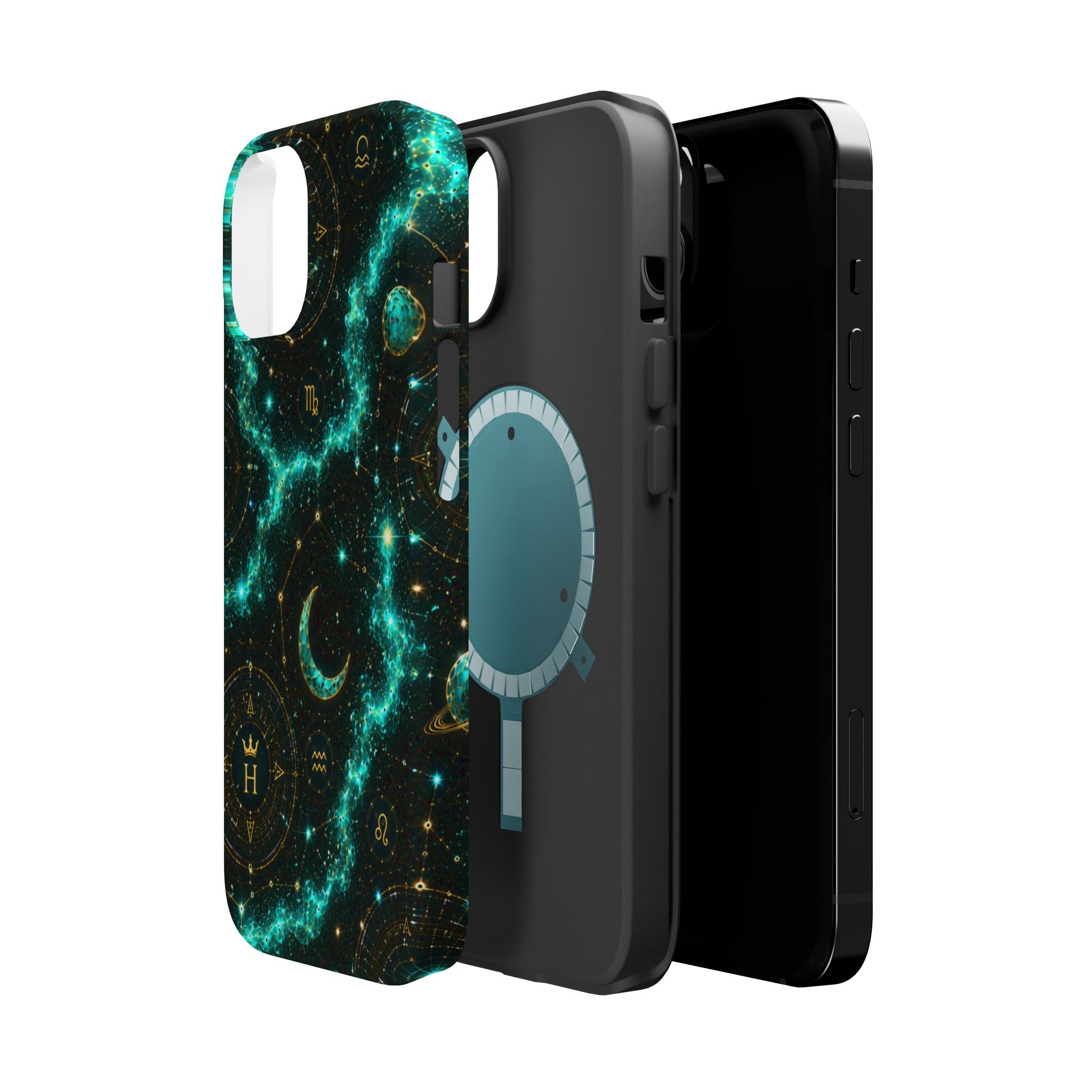 Astrology Constellation Magnetic Phone Case — Impact‑Resistant, Teal Nebula Moon & Zodiac Design