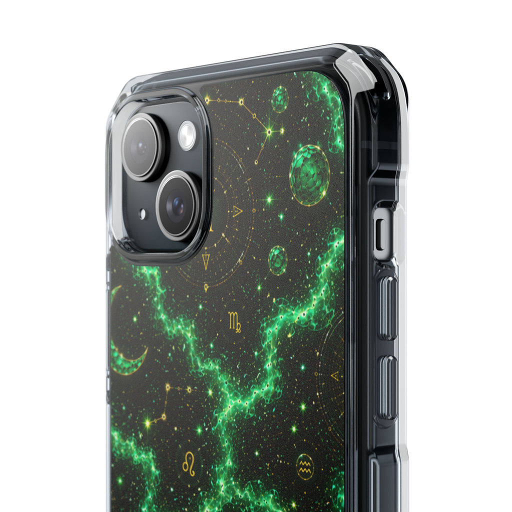 Clear Magnetic Phone Case — Neon Green Galaxy Planets Design