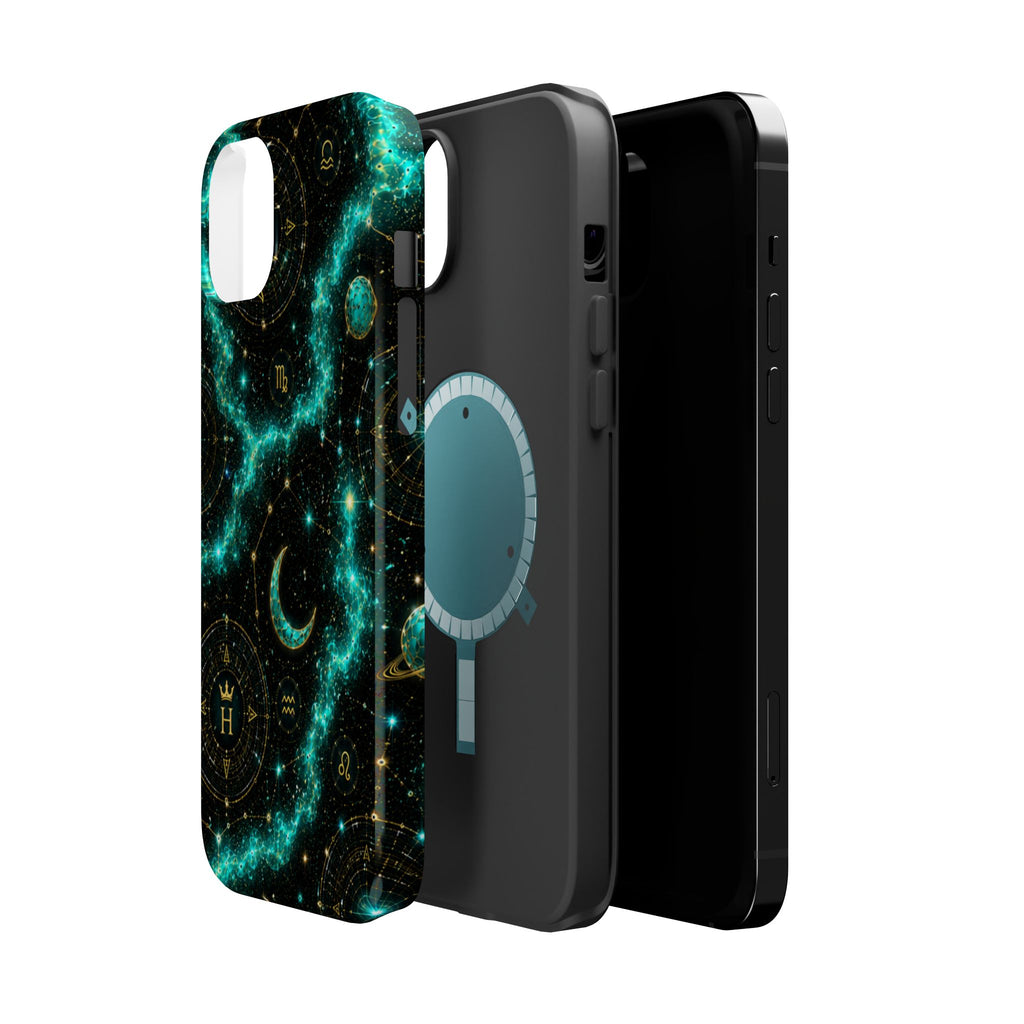 Astrology Constellation Magnetic Phone Case — Impact‑Resistant, Teal Nebula Moon & Zodiac Design