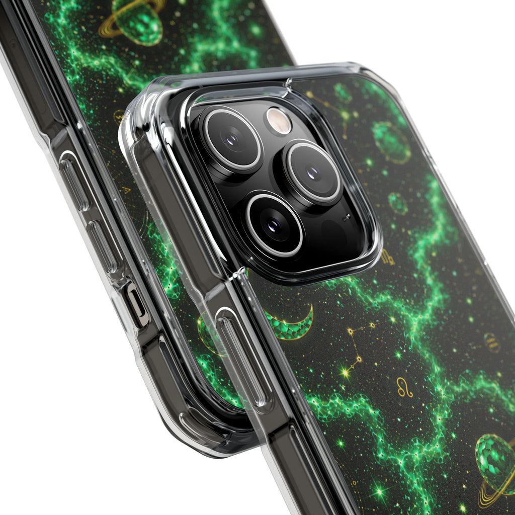 Clear Magnetic Phone Case — Neon Green Galaxy Planets Design