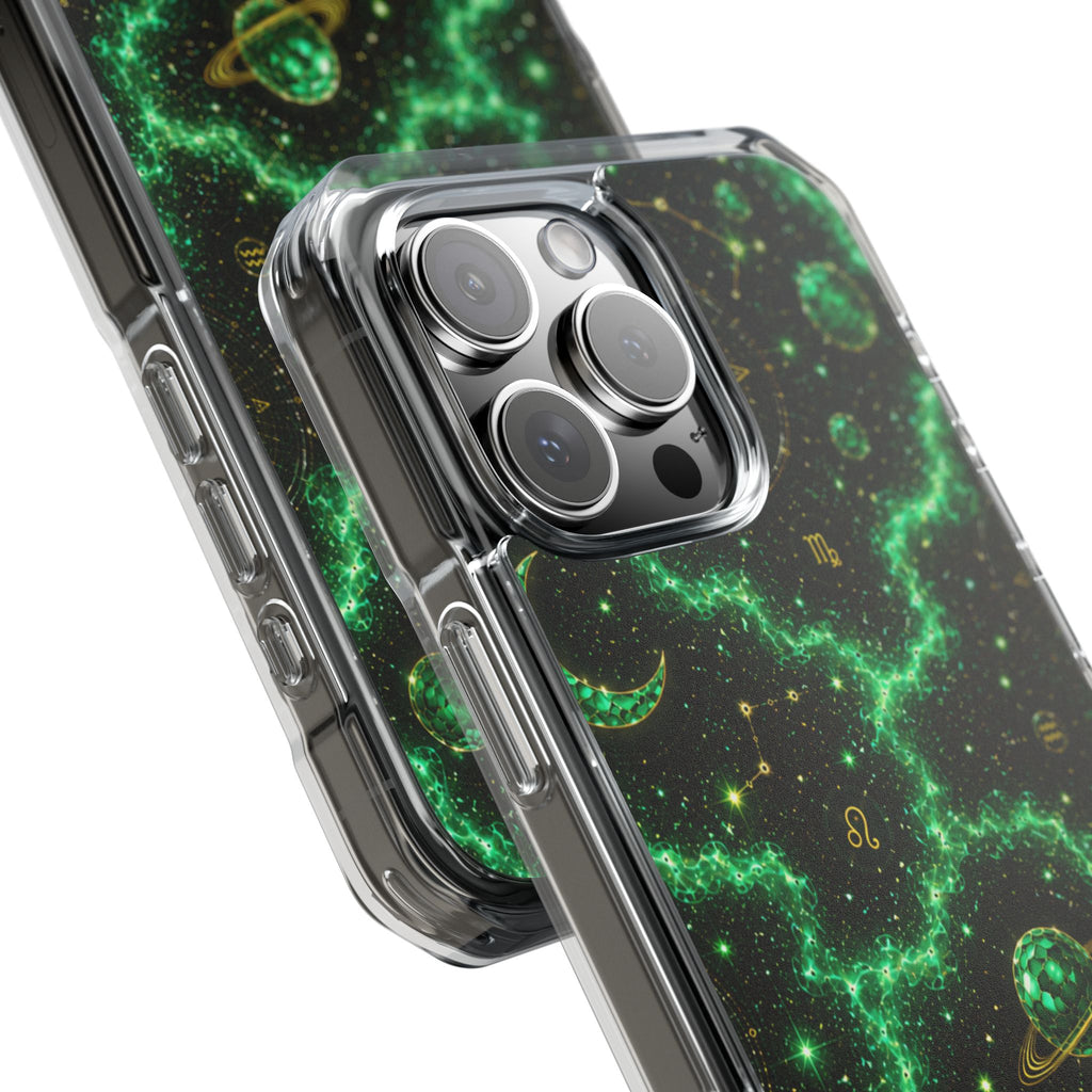 Clear Magnetic Phone Case — Neon Green Galaxy Planets Design