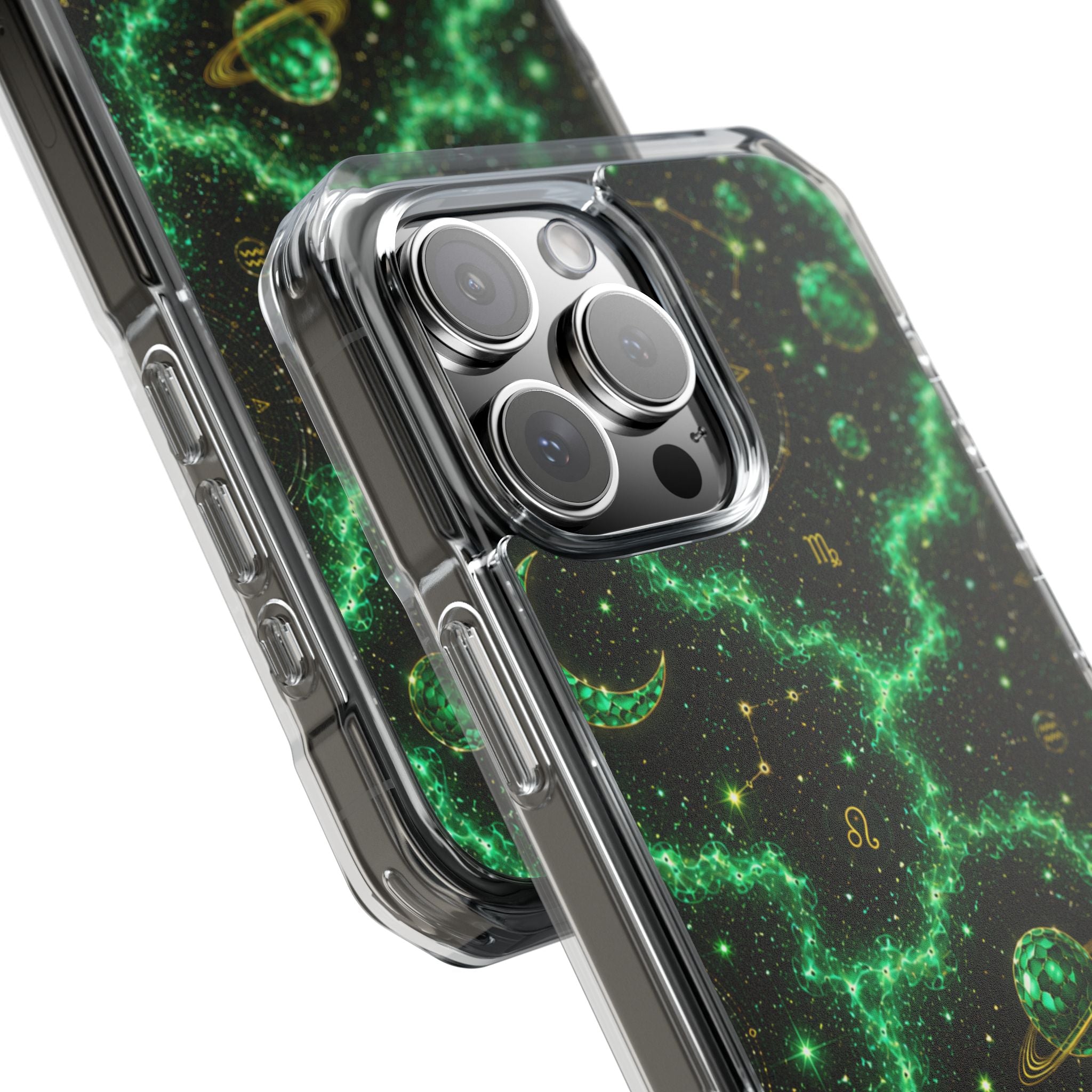 Clear Magnetic Phone Case — Neon Green Galaxy Planets Design