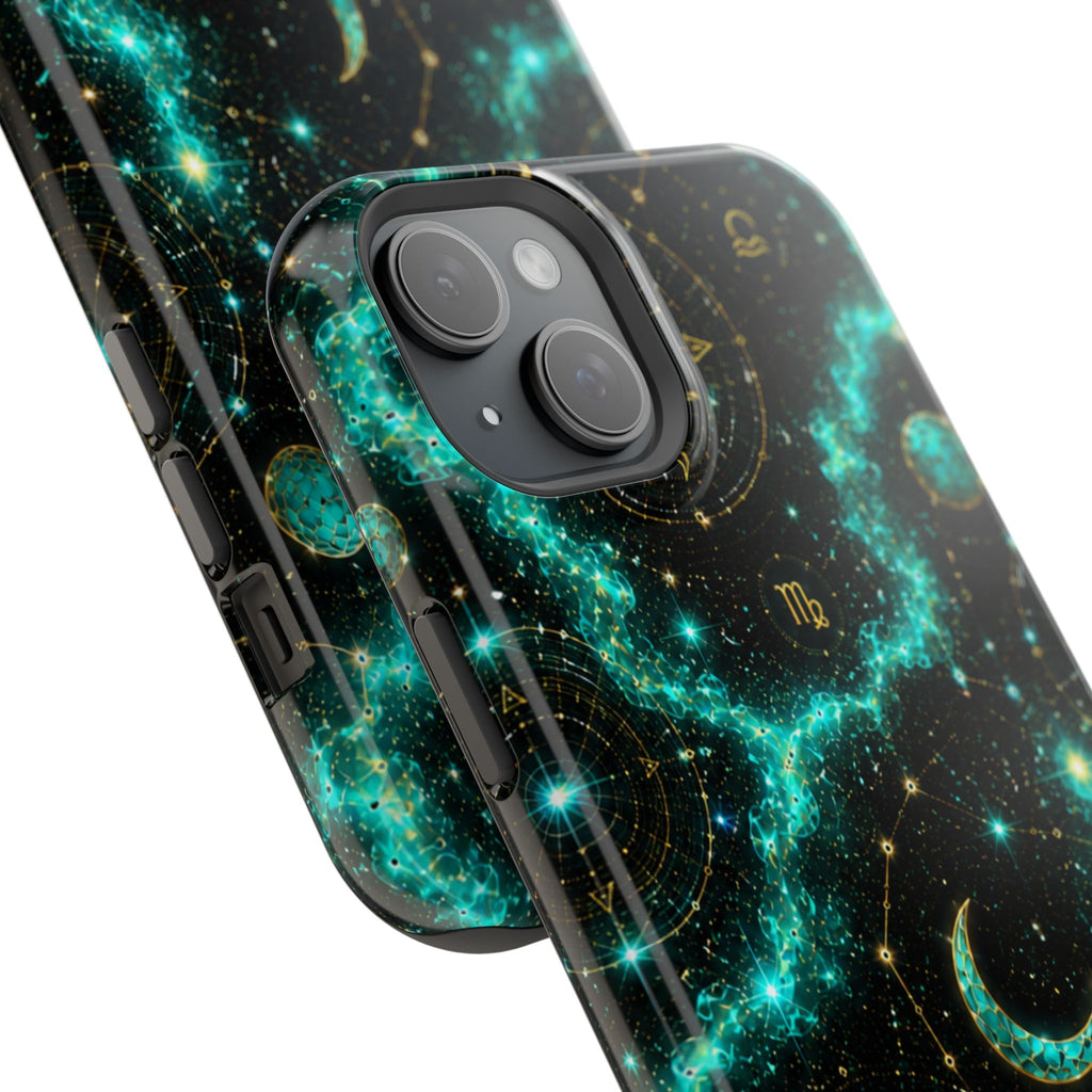 Astrology Constellation Magnetic Phone Case — Impact‑Resistant, Teal Nebula Moon & Zodiac Design