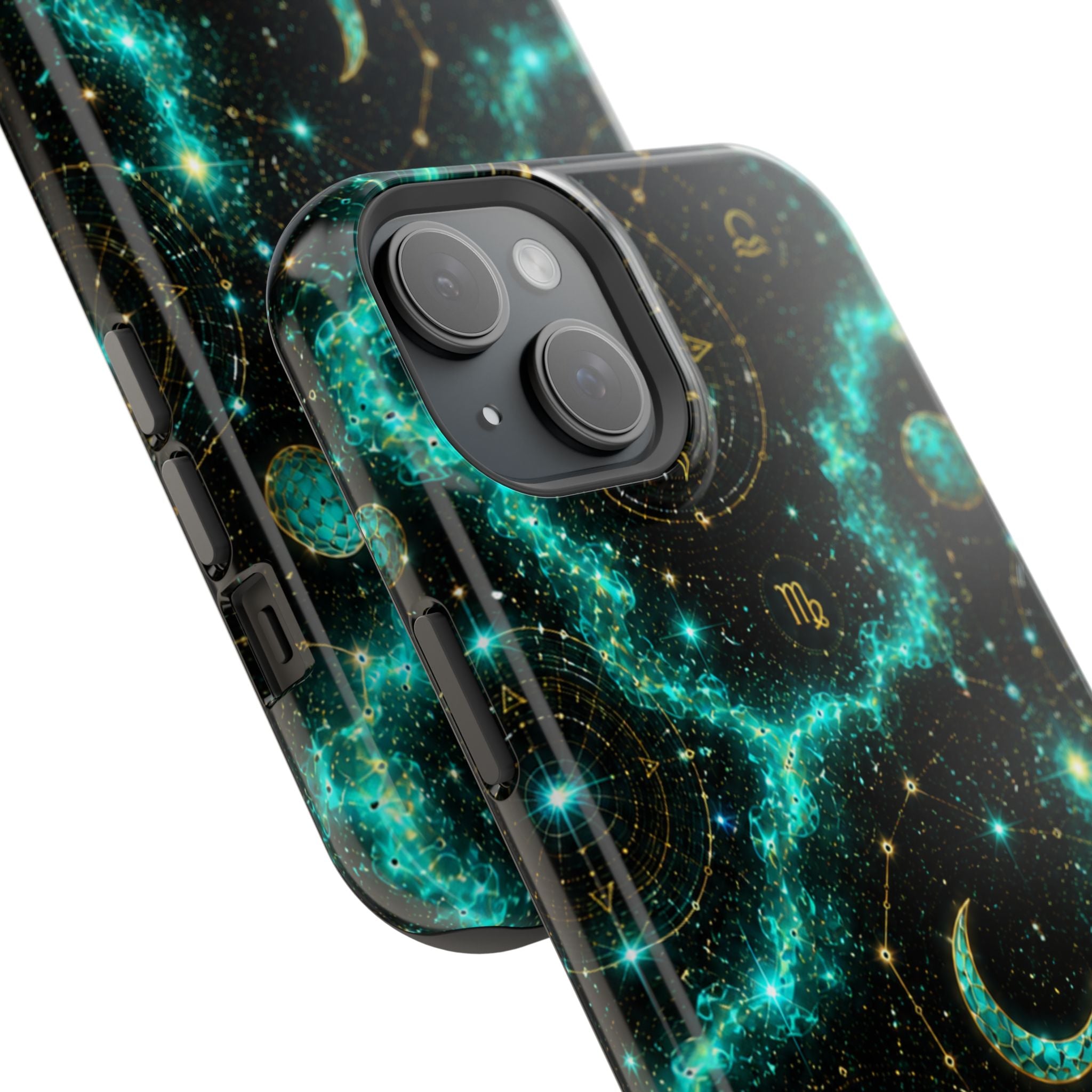 Astrology Constellation Magnetic Phone Case — Impact‑Resistant, Teal Nebula Moon & Zodiac Design