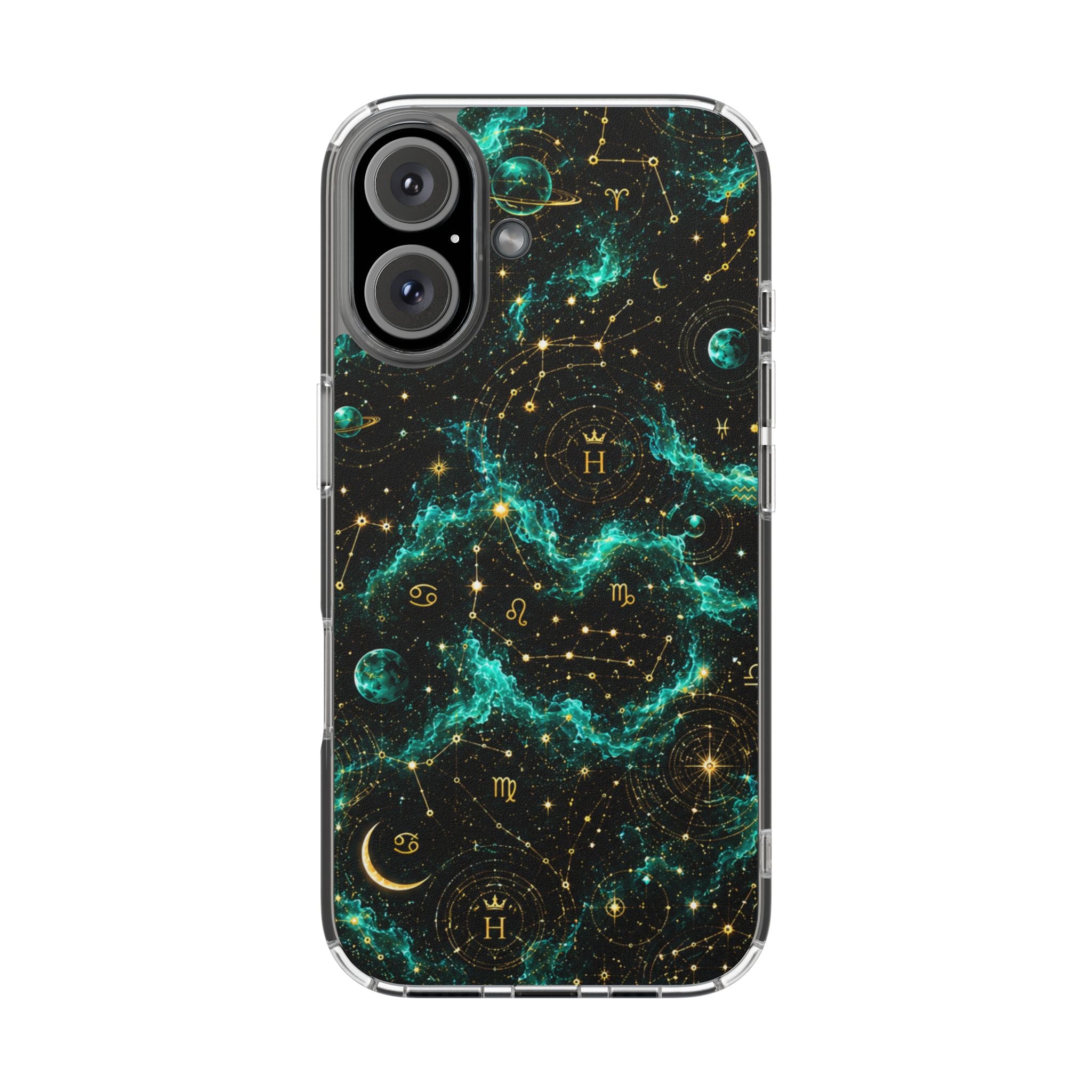 Celestial Zodiac Clear Magnetic Phone Case — Teal Galaxy & Moon Design