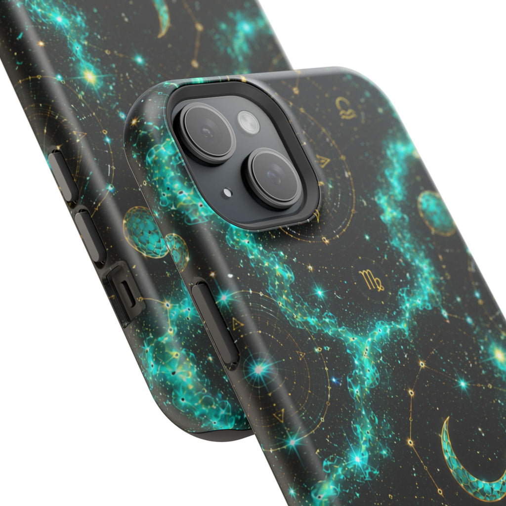 Astrology Constellation Magnetic Phone Case — Impact‑Resistant, Teal Nebula Moon & Zodiac Design