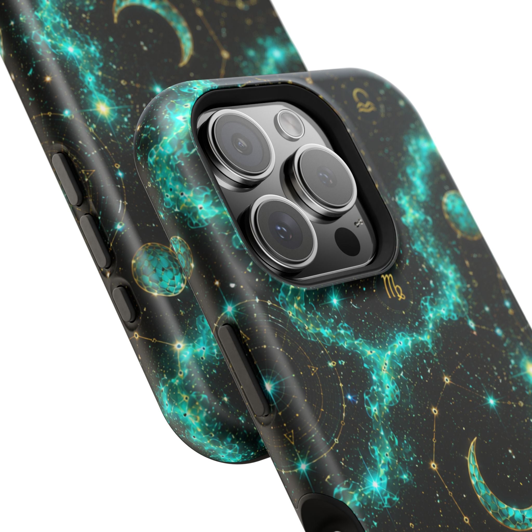 Astrology Constellation Magnetic Phone Case — Impact‑Resistant, Teal Nebula Moon & Zodiac Design