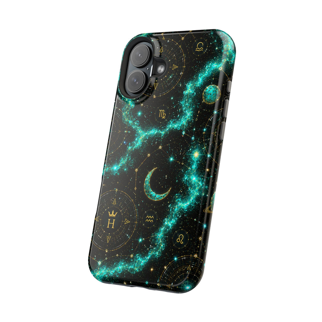 Astrology Constellation Magnetic Phone Case — Impact‑Resistant, Teal Nebula Moon & Zodiac Design
