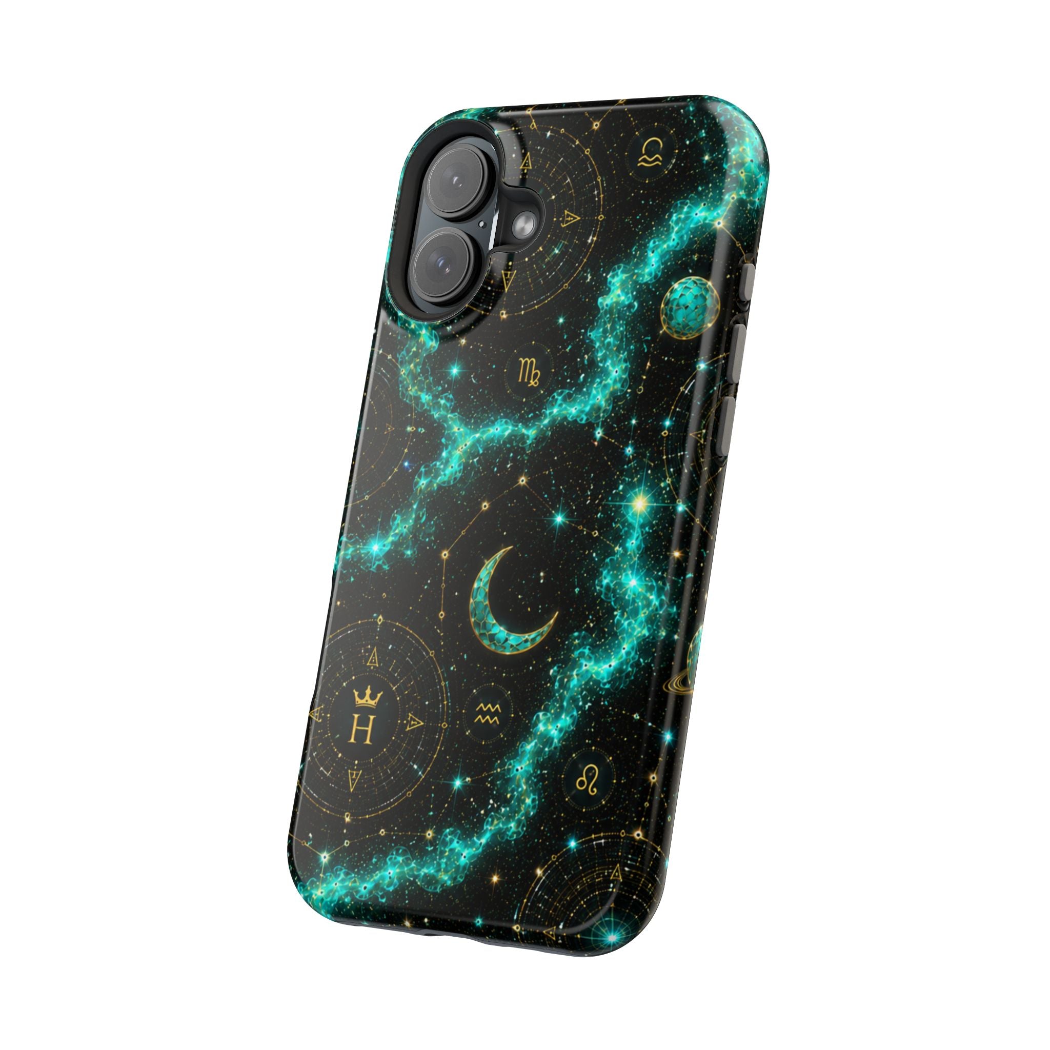 Astrology Constellation Magnetic Phone Case — Impact‑Resistant, Teal Nebula Moon & Zodiac Design
