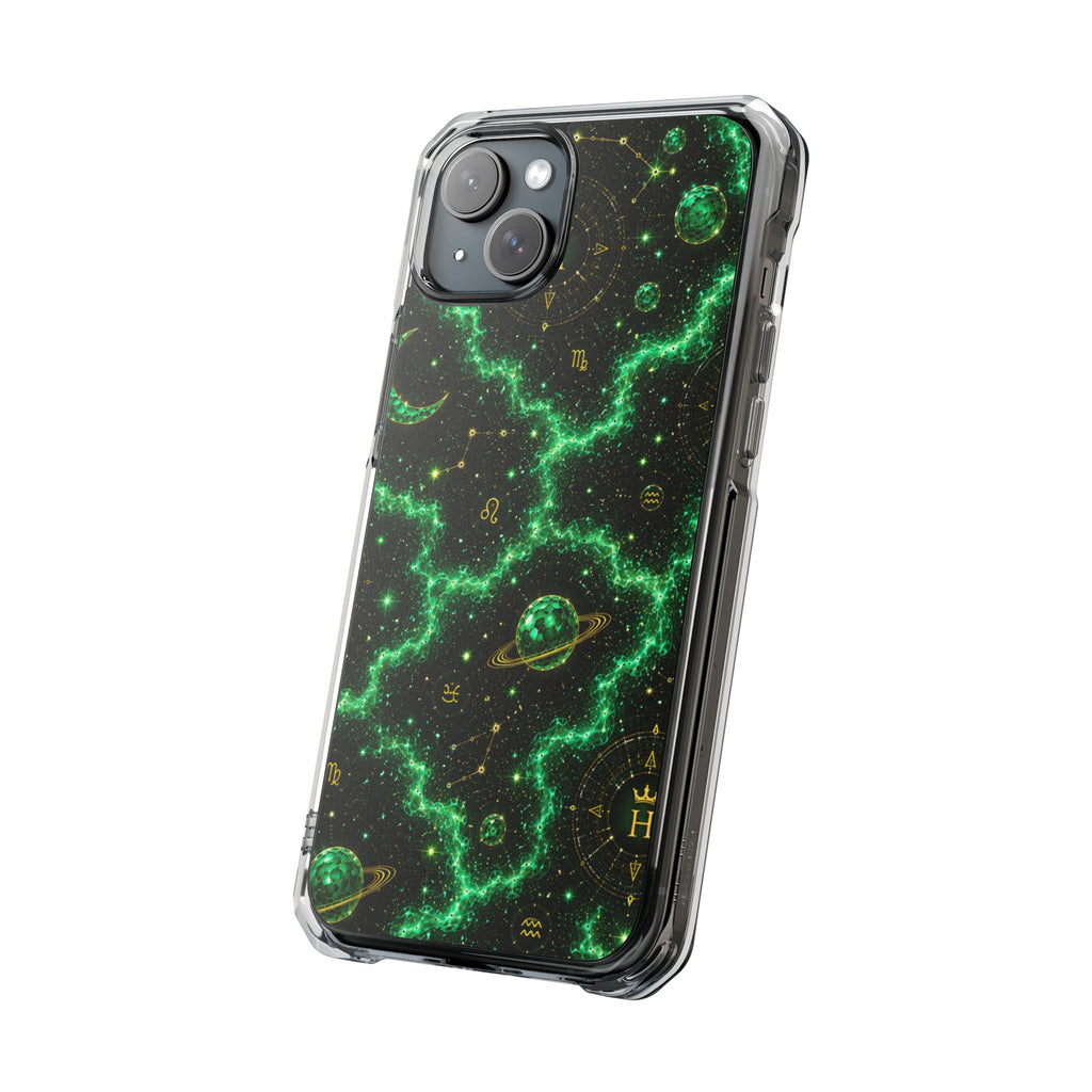 Clear Magnetic Phone Case — Neon Green Galaxy Planets Design