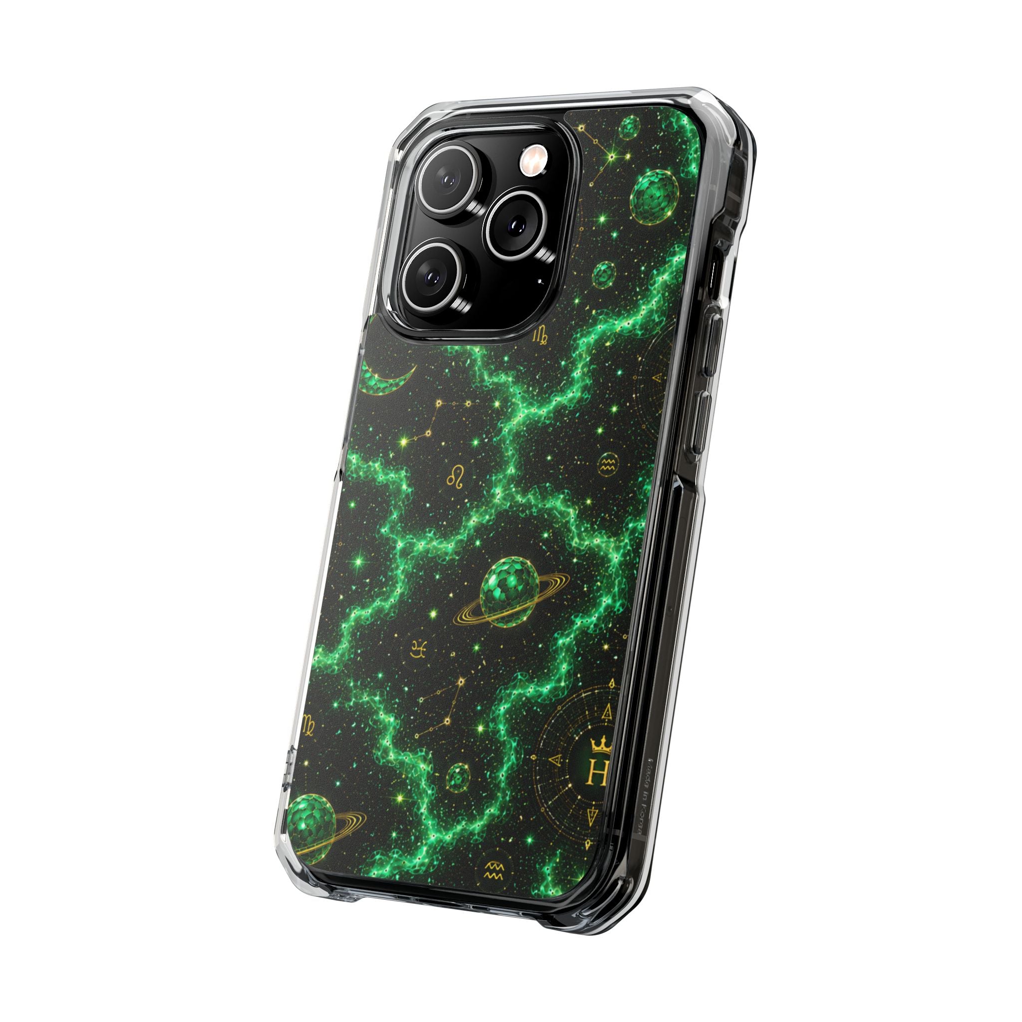 Clear Magnetic Phone Case — Neon Green Galaxy Planets Design