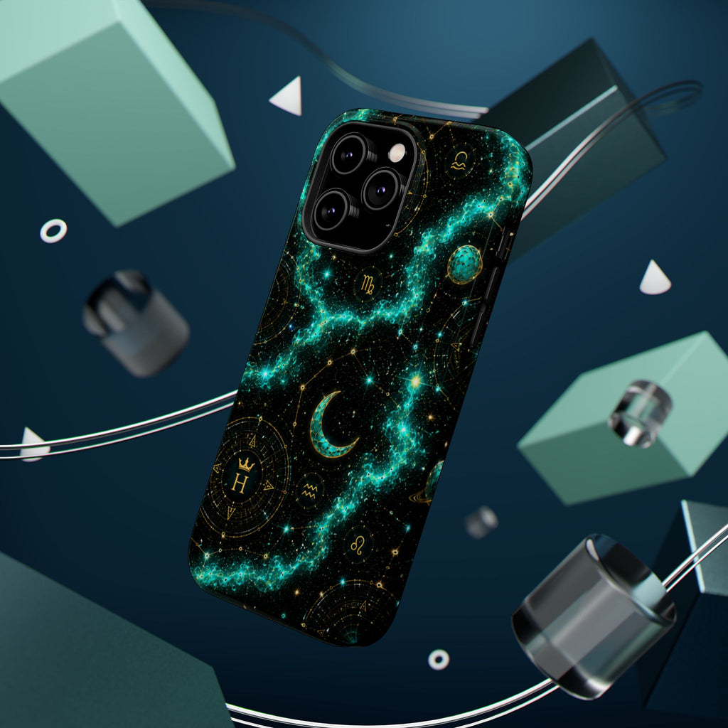 Astrology Constellation Magnetic Phone Case — Impact‑Resistant, Teal Nebula Moon & Zodiac Design