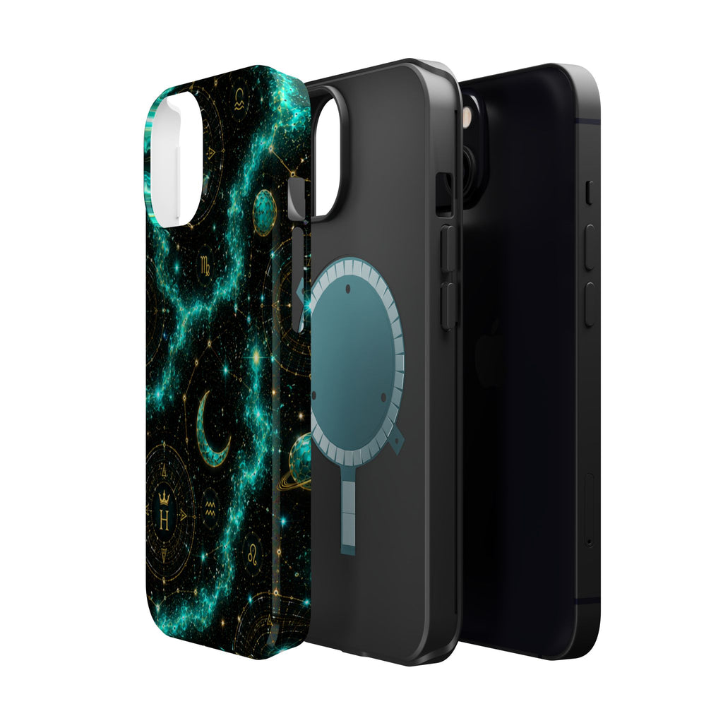 Astrology Constellation Magnetic Phone Case — Impact‑Resistant, Teal Nebula Moon & Zodiac Design