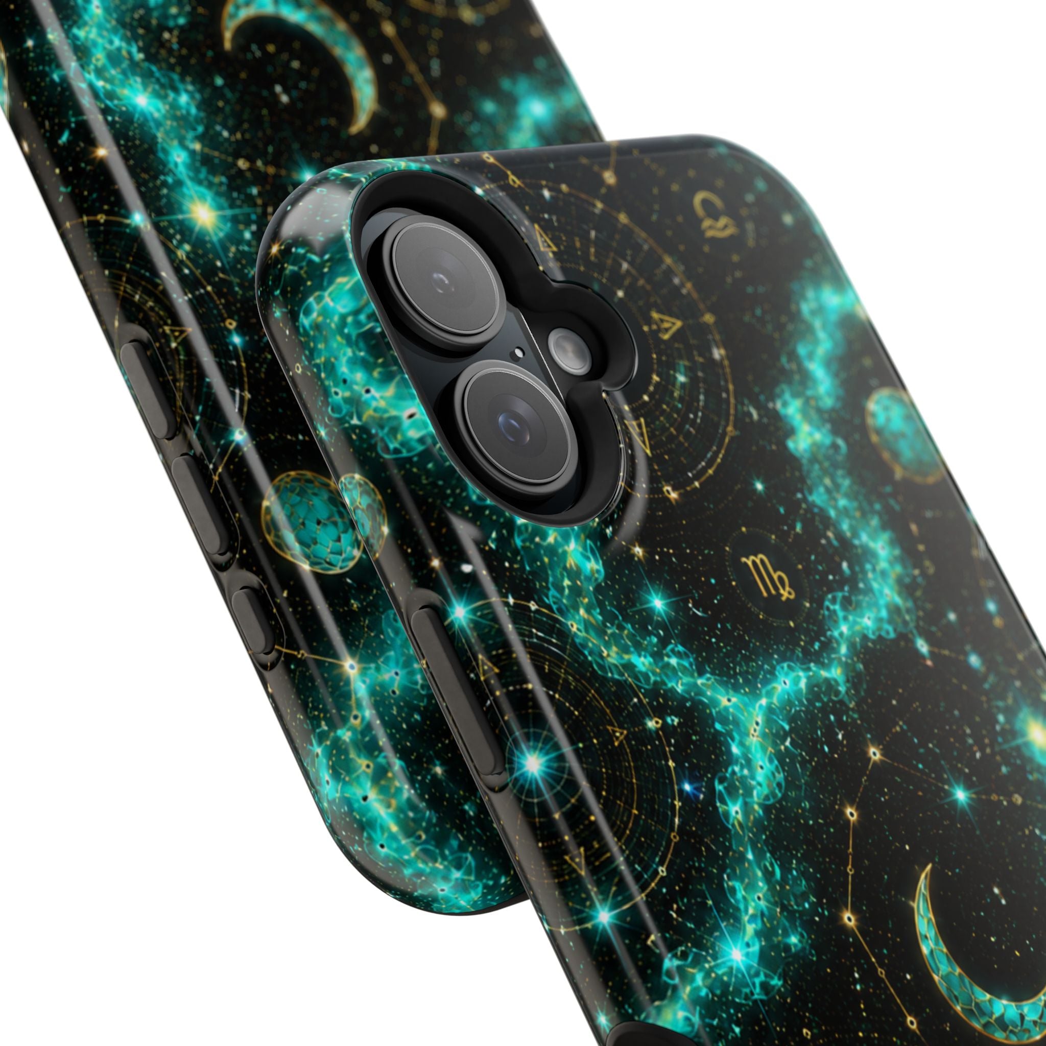 Astrology Constellation Magnetic Phone Case — Impact‑Resistant, Teal Nebula Moon & Zodiac Design