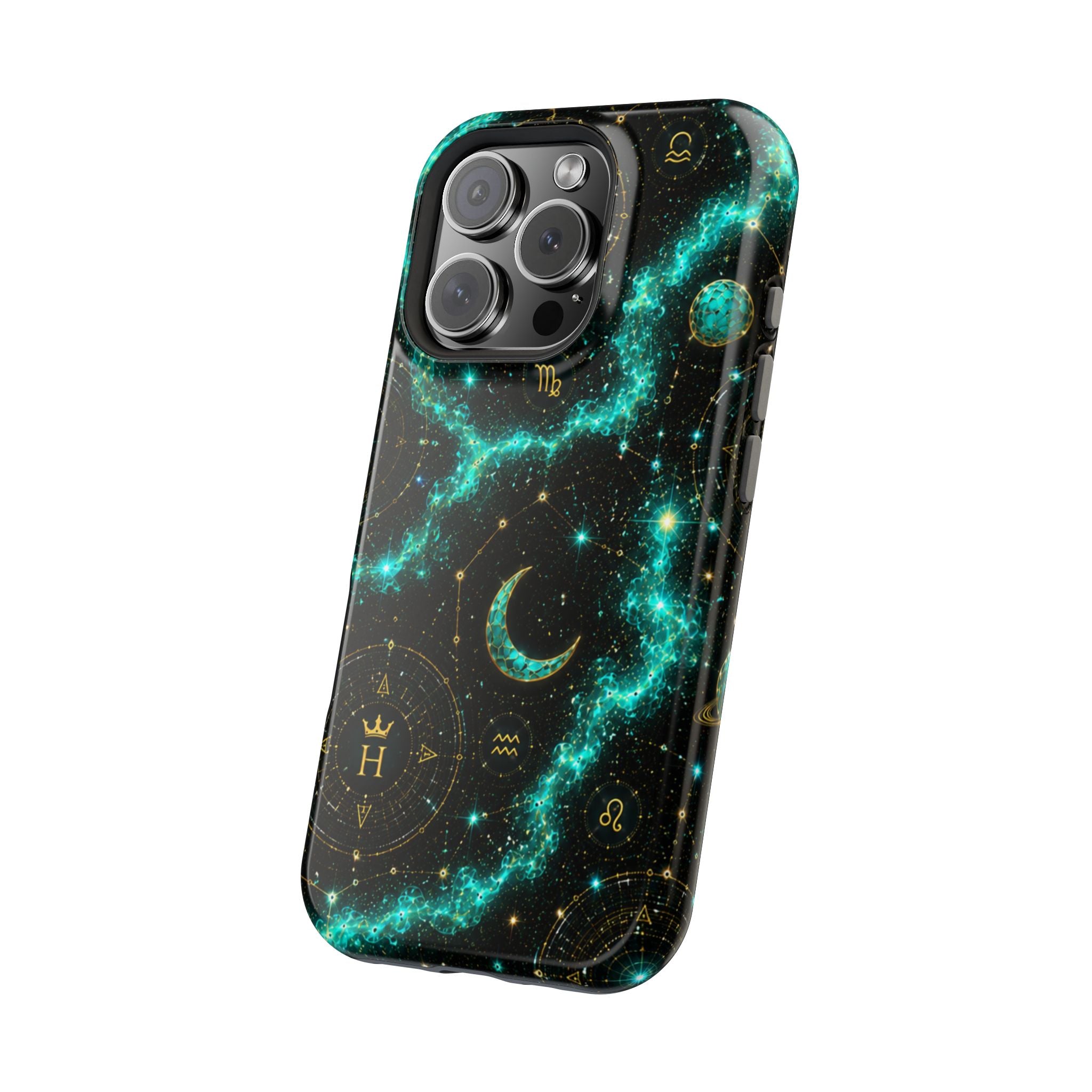 Astrology Constellation Magnetic Phone Case — Impact‑Resistant, Teal Nebula Moon & Zodiac Design