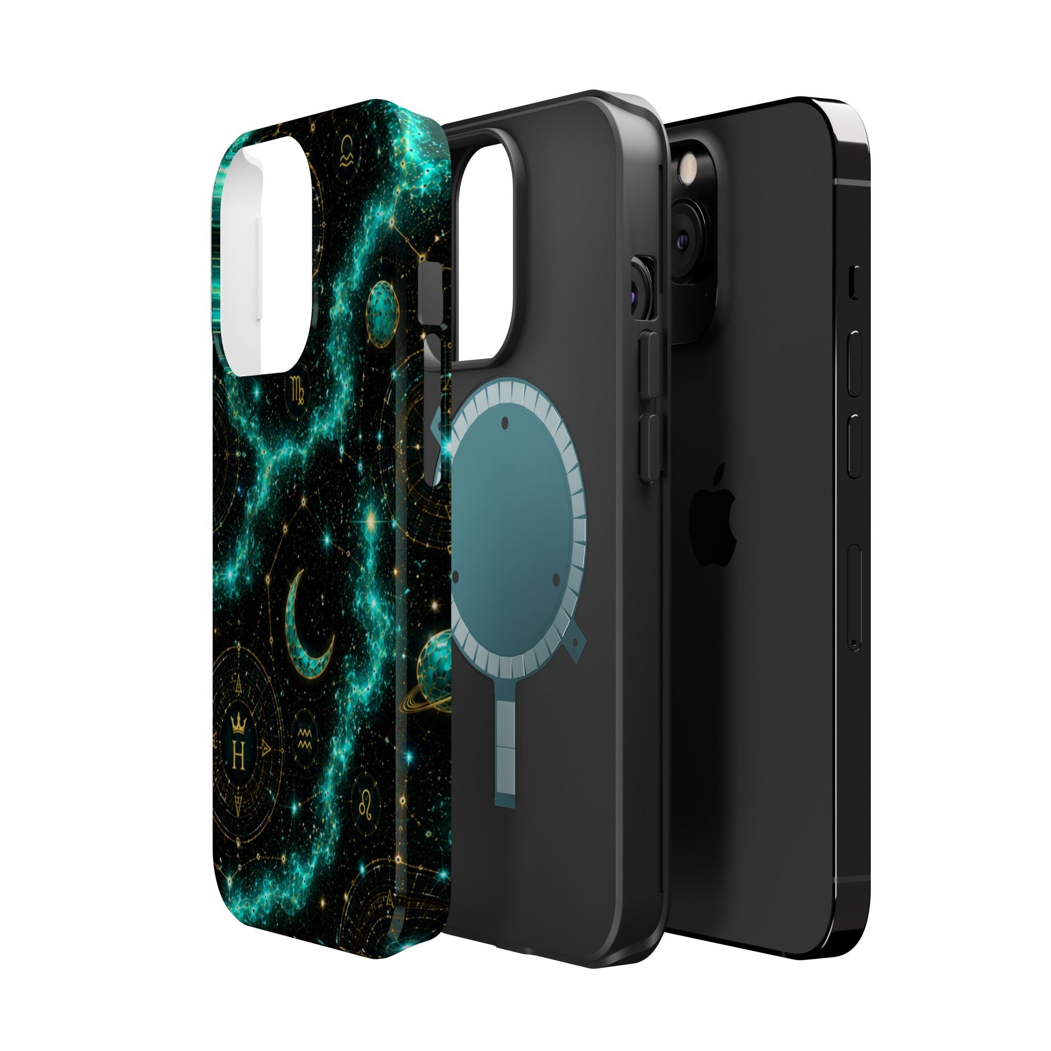 Astrology Constellation Magnetic Phone Case — Impact‑Resistant, Teal Nebula Moon & Zodiac Design