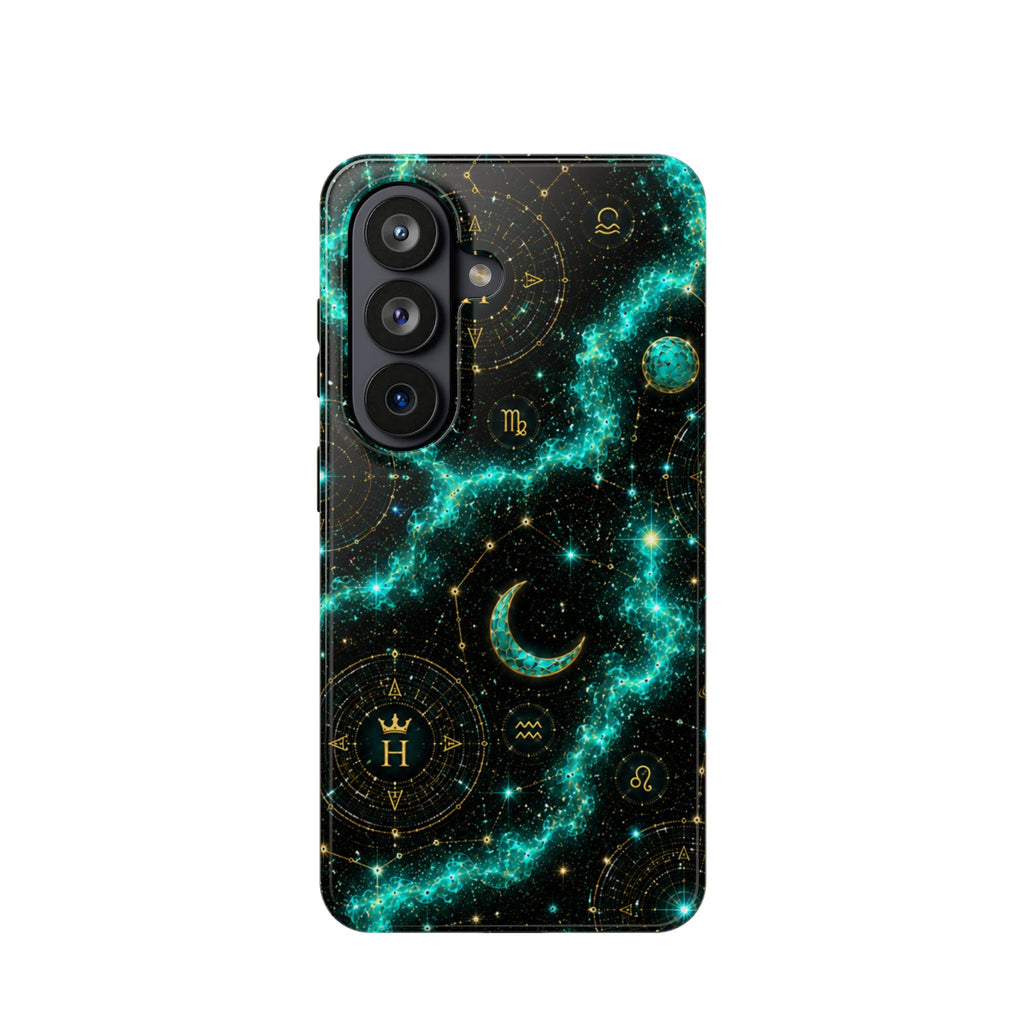 Astrology Constellation Magnetic Phone Case — Impact‑Resistant, Teal Nebula Moon & Zodiac Design