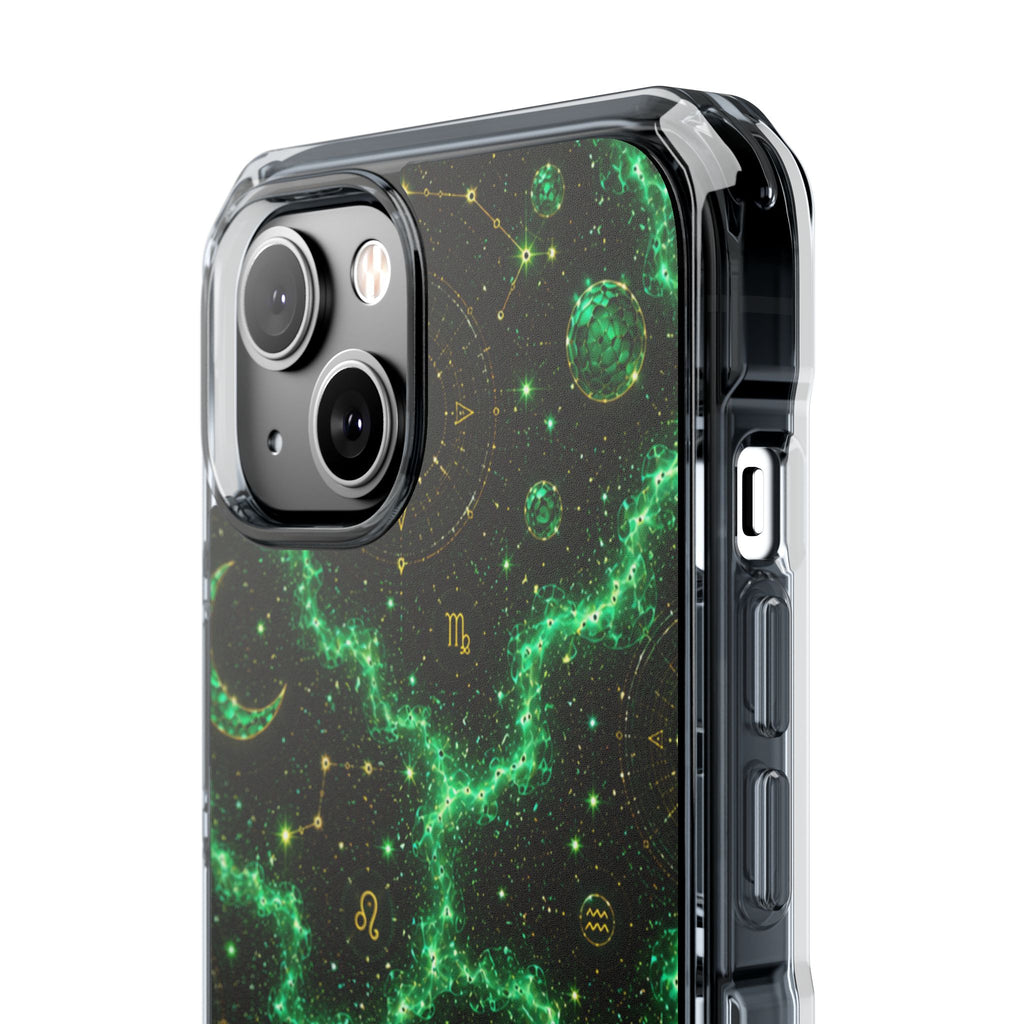 Clear Magnetic Phone Case — Neon Green Galaxy Planets Design