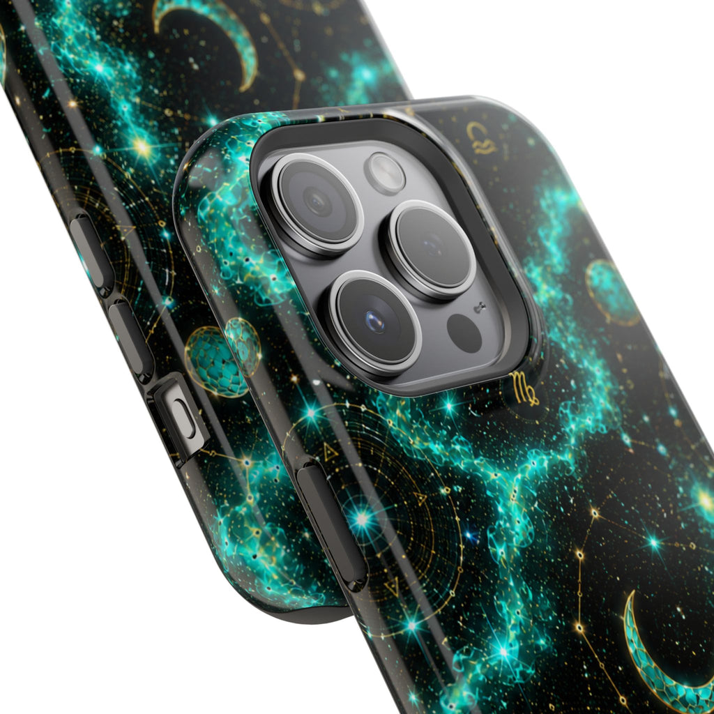 Astrology Constellation Magnetic Phone Case — Impact‑Resistant, Teal Nebula Moon & Zodiac Design