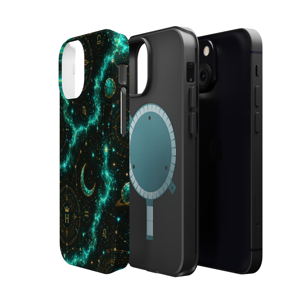 Astrology Constellation Magnetic Phone Case — Impact‑Resistant, Teal Nebula Moon & Zodiac Design