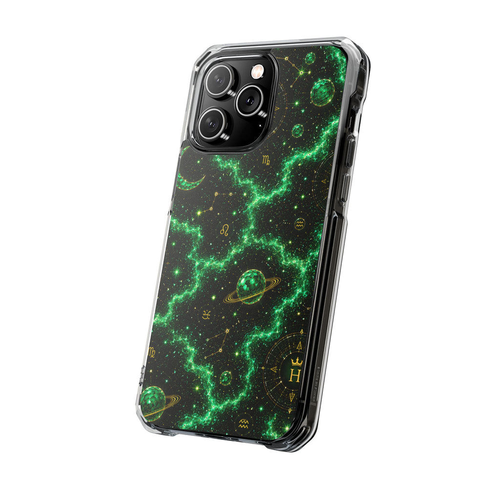 Clear Magnetic Phone Case — Neon Green Galaxy Planets Design