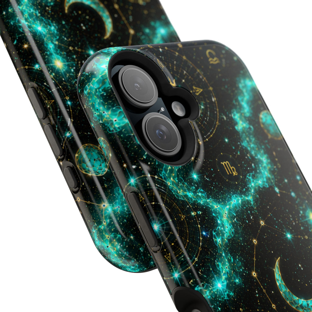 Astrology Constellation Magnetic Phone Case — Impact‑Resistant, Teal Nebula Moon & Zodiac Design