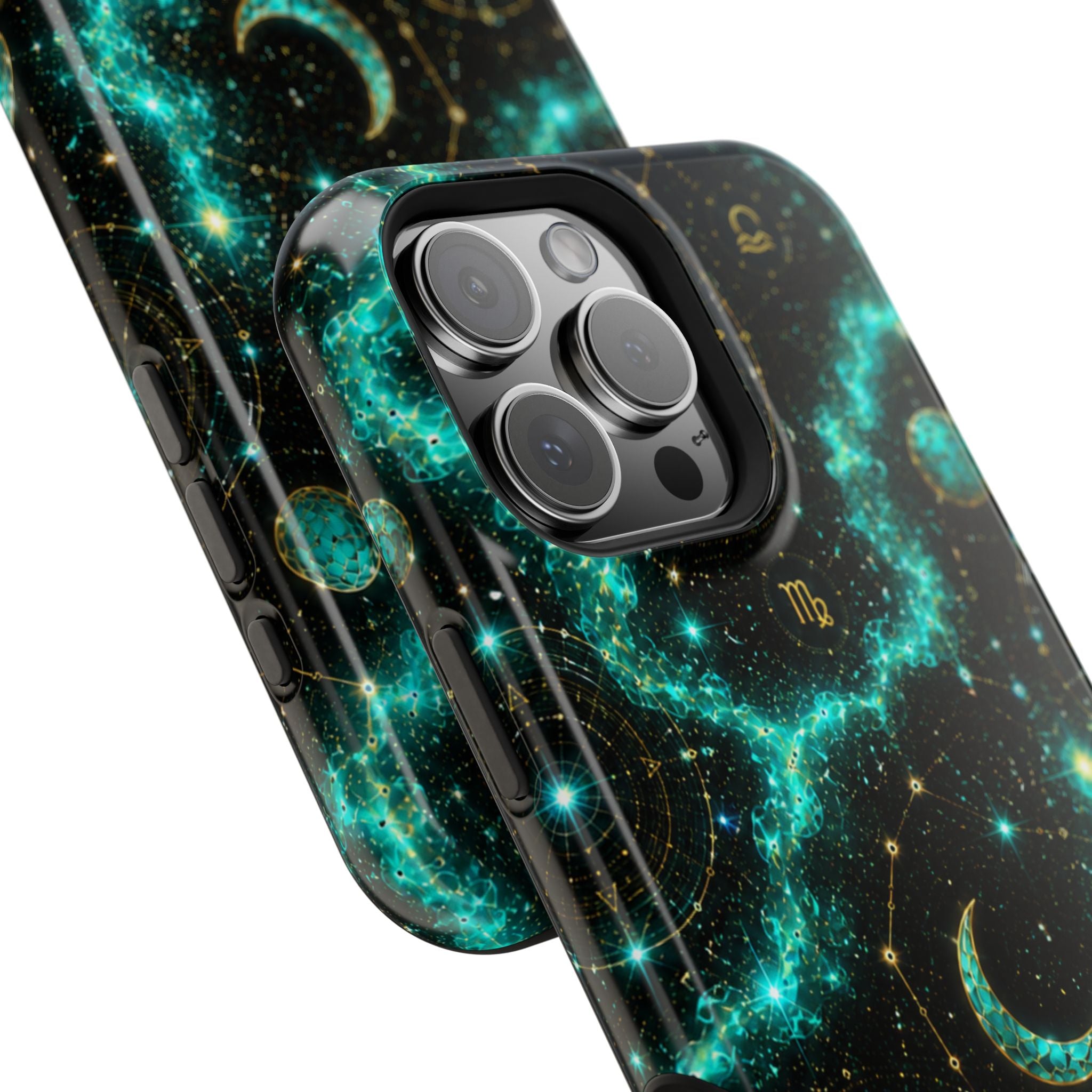Astrology Constellation Magnetic Phone Case — Impact‑Resistant, Teal Nebula Moon & Zodiac Design