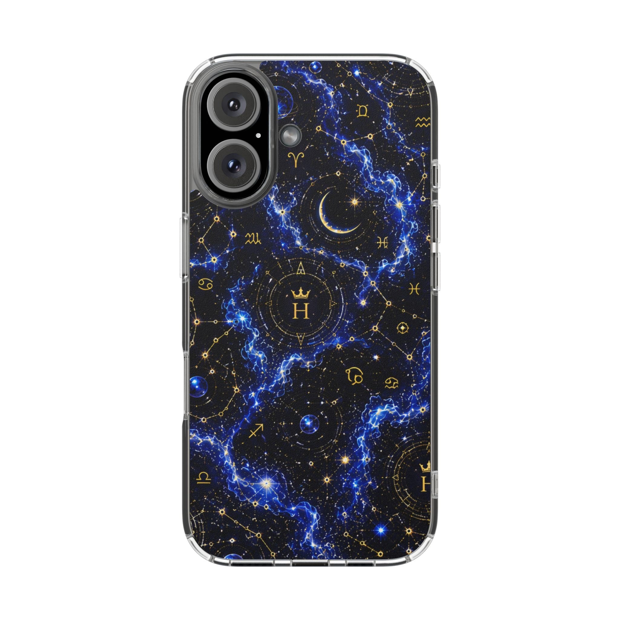 Cosmic Night Clear Magnetic Phone Case — Blue Galaxy, Crescent Moon & Gold Constellation Design