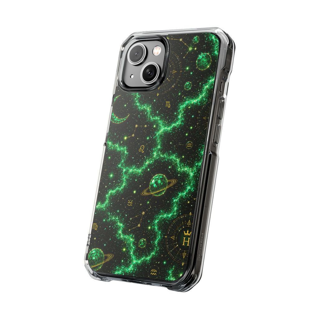 Clear Magnetic Phone Case — Neon Green Galaxy Planets Design