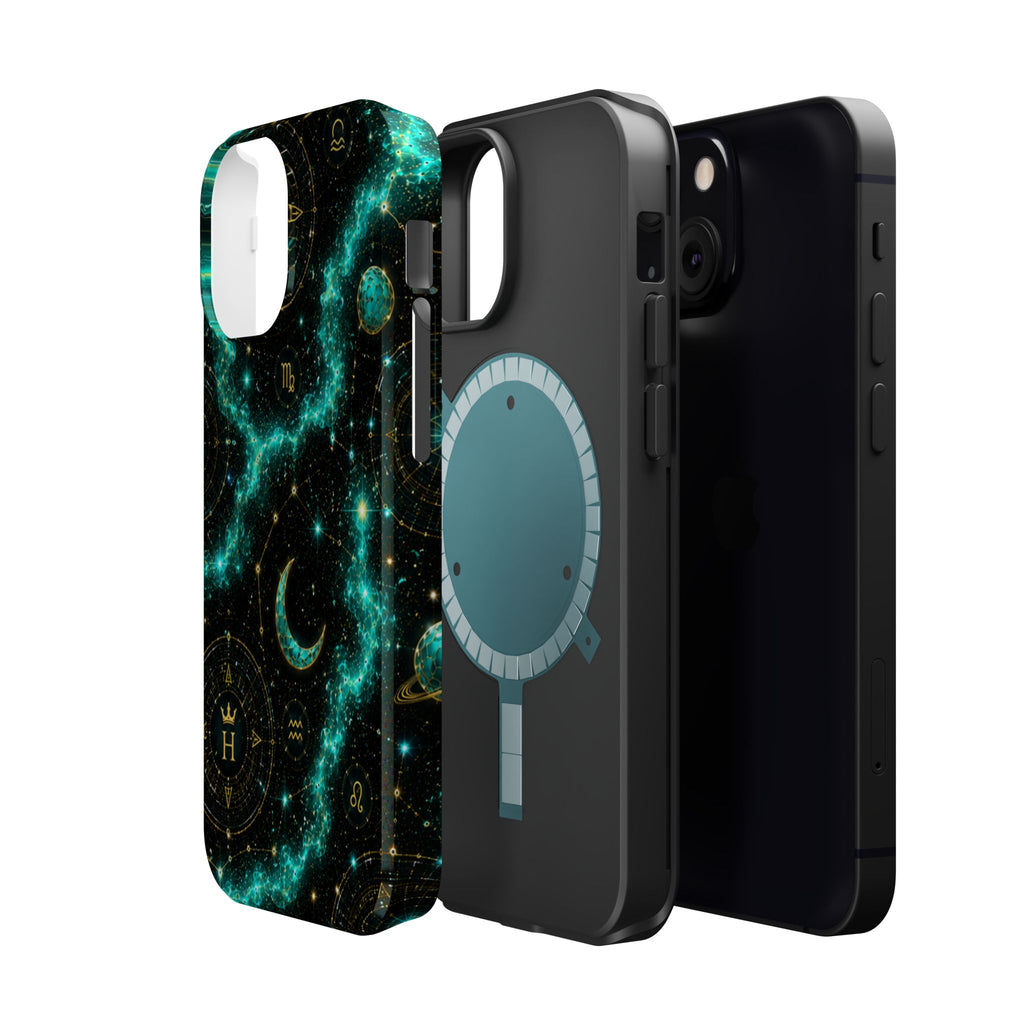 Astrology Constellation Magnetic Phone Case — Impact‑Resistant, Teal Nebula Moon & Zodiac Design