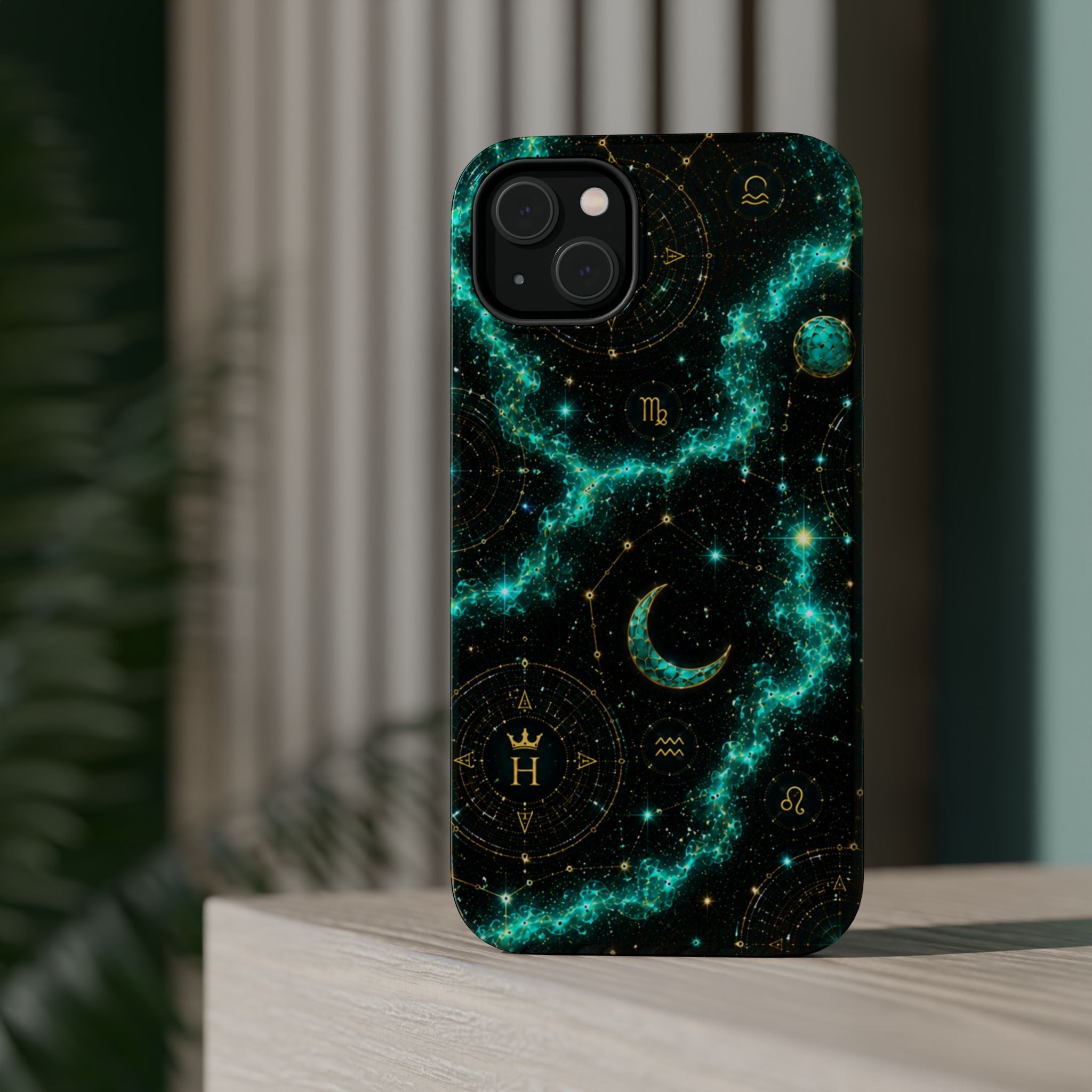 Astrology Constellation Magnetic Phone Case — Impact‑Resistant, Teal Nebula Moon & Zodiac Design