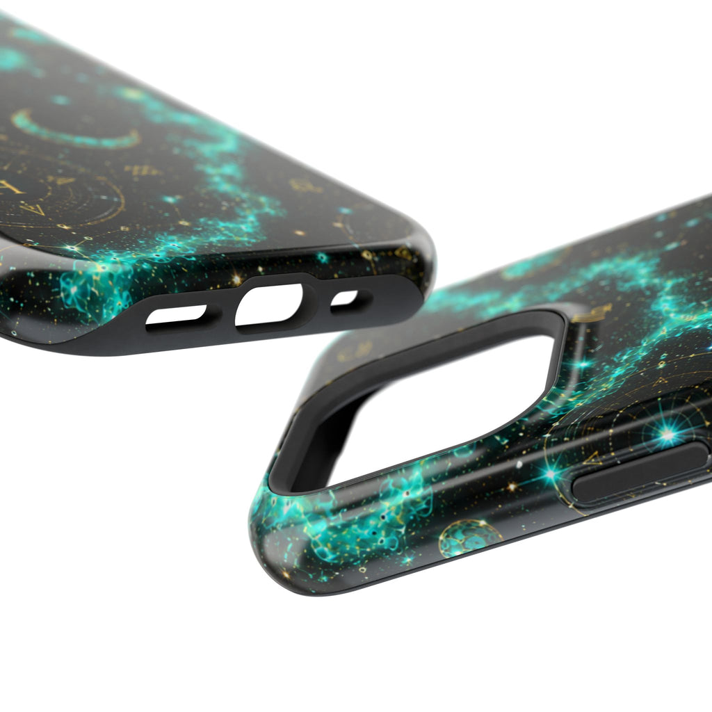 Astrology Constellation Magnetic Phone Case — Impact‑Resistant, Teal Nebula Moon & Zodiac Design