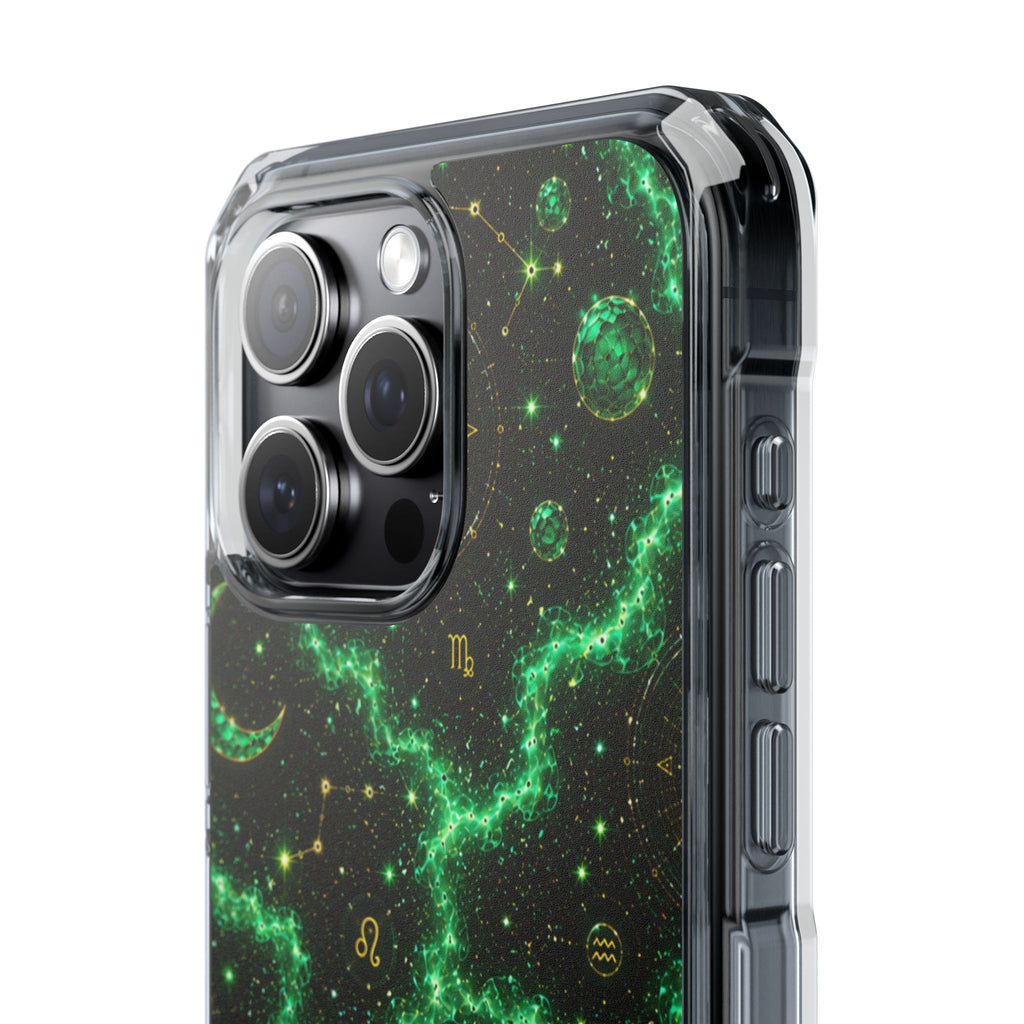 Clear Magnetic Phone Case — Neon Green Galaxy Planets Design