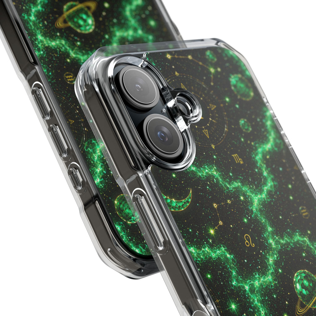 Clear Magnetic Phone Case — Neon Green Galaxy Planets Design