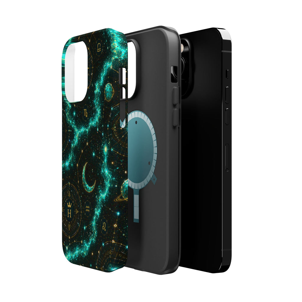 Astrology Constellation Magnetic Phone Case — Impact‑Resistant, Teal Nebula Moon & Zodiac Design