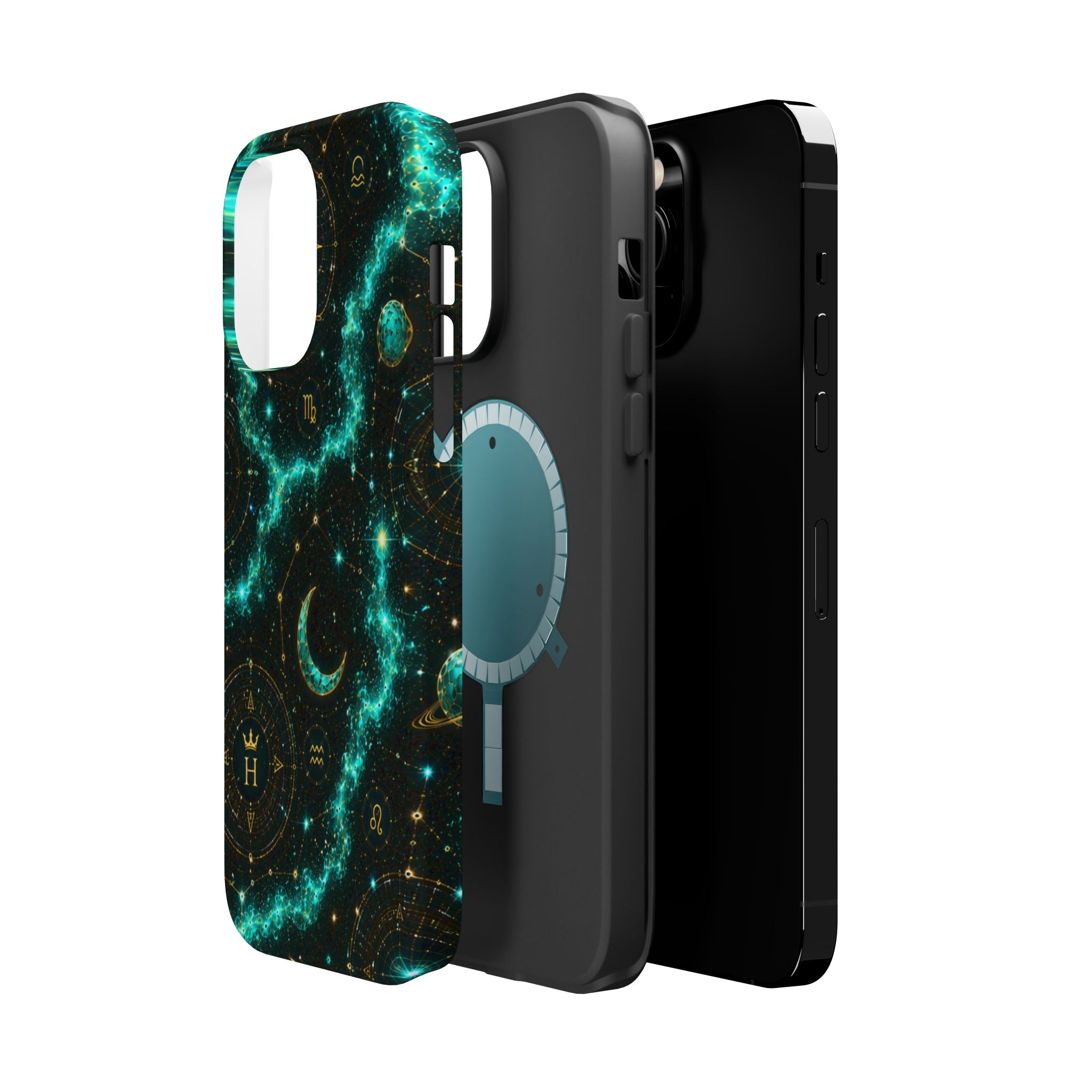 Astrology Constellation Magnetic Phone Case — Impact‑Resistant, Teal Nebula Moon & Zodiac Design