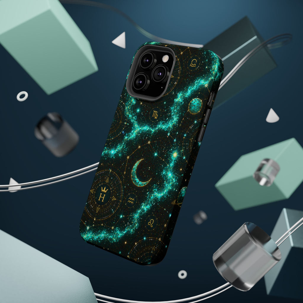 Astrology Constellation Magnetic Phone Case — Impact‑Resistant, Teal Nebula Moon & Zodiac Design