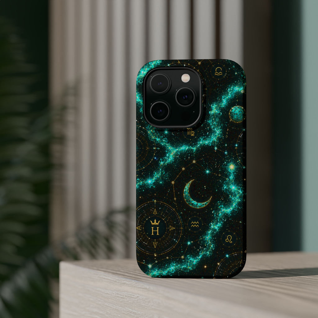 Astrology Constellation Magnetic Phone Case — Impact‑Resistant, Teal Nebula Moon & Zodiac Design