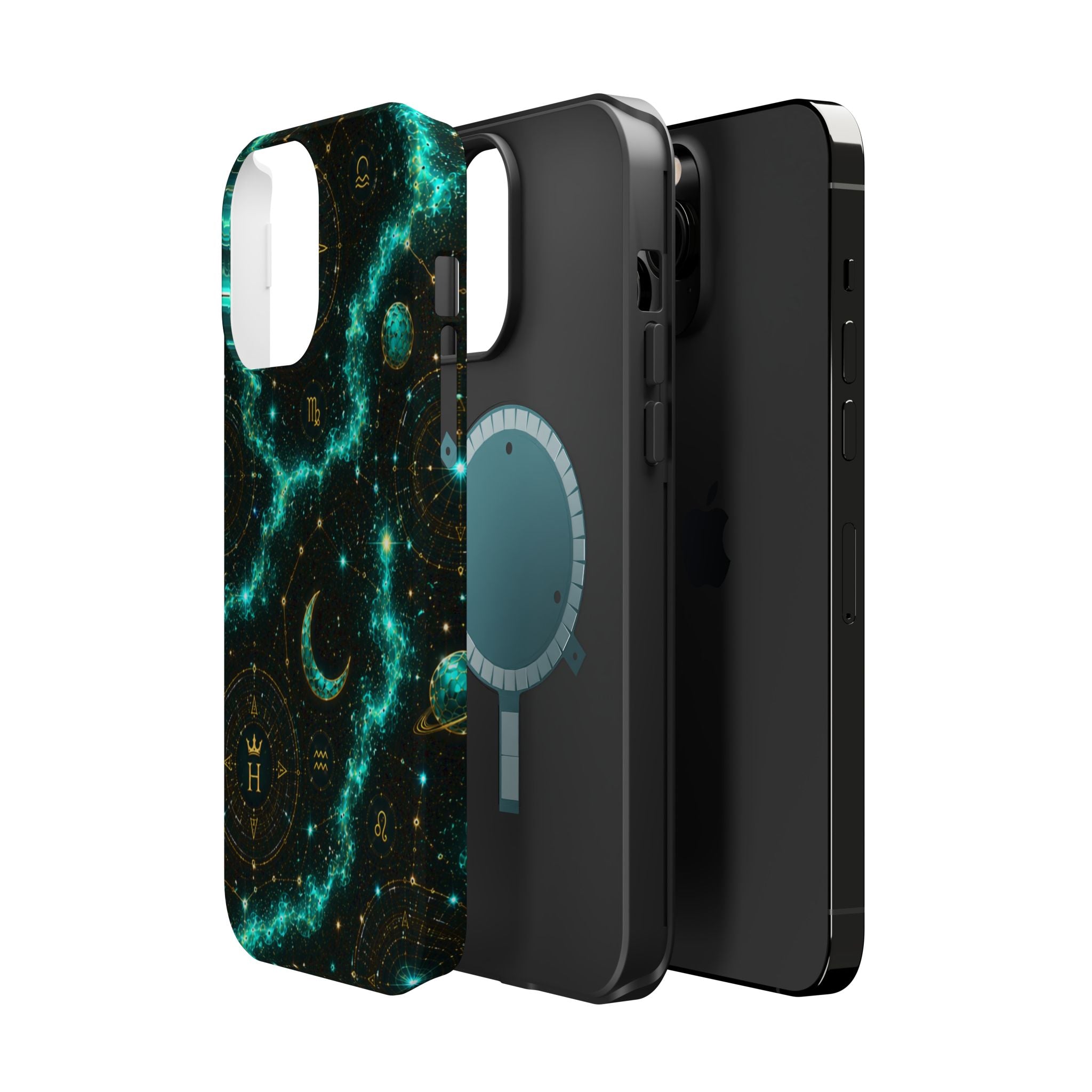 Astrology Constellation Magnetic Phone Case — Impact‑Resistant, Teal Nebula Moon & Zodiac Design