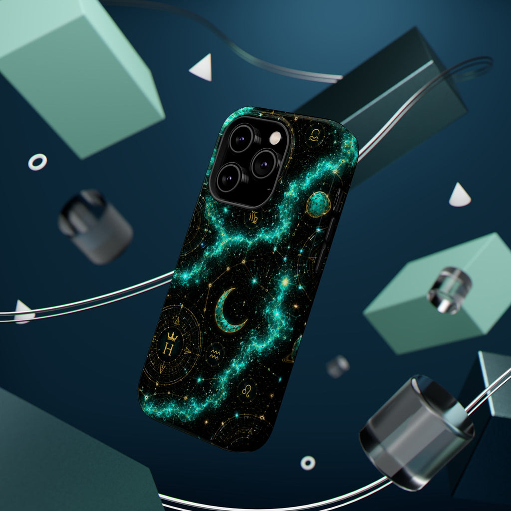 Astrology Constellation Magnetic Phone Case — Impact‑Resistant, Teal Nebula Moon & Zodiac Design