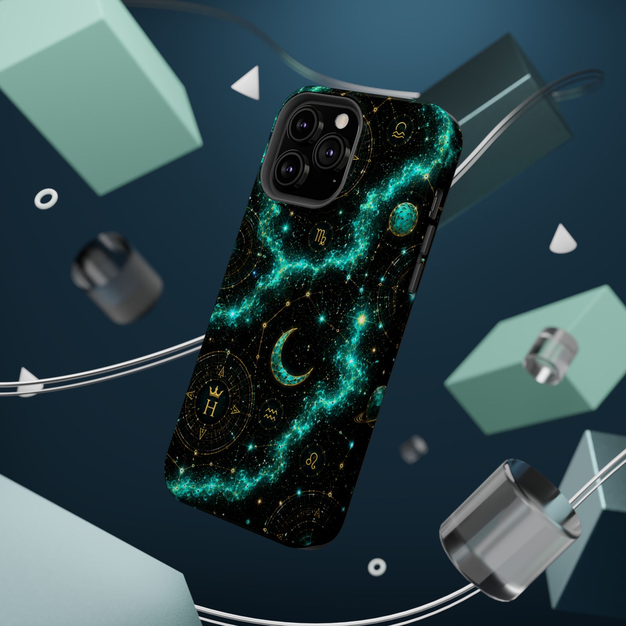 Astrology Constellation Magnetic Phone Case — Impact‑Resistant, Teal Nebula Moon & Zodiac Design