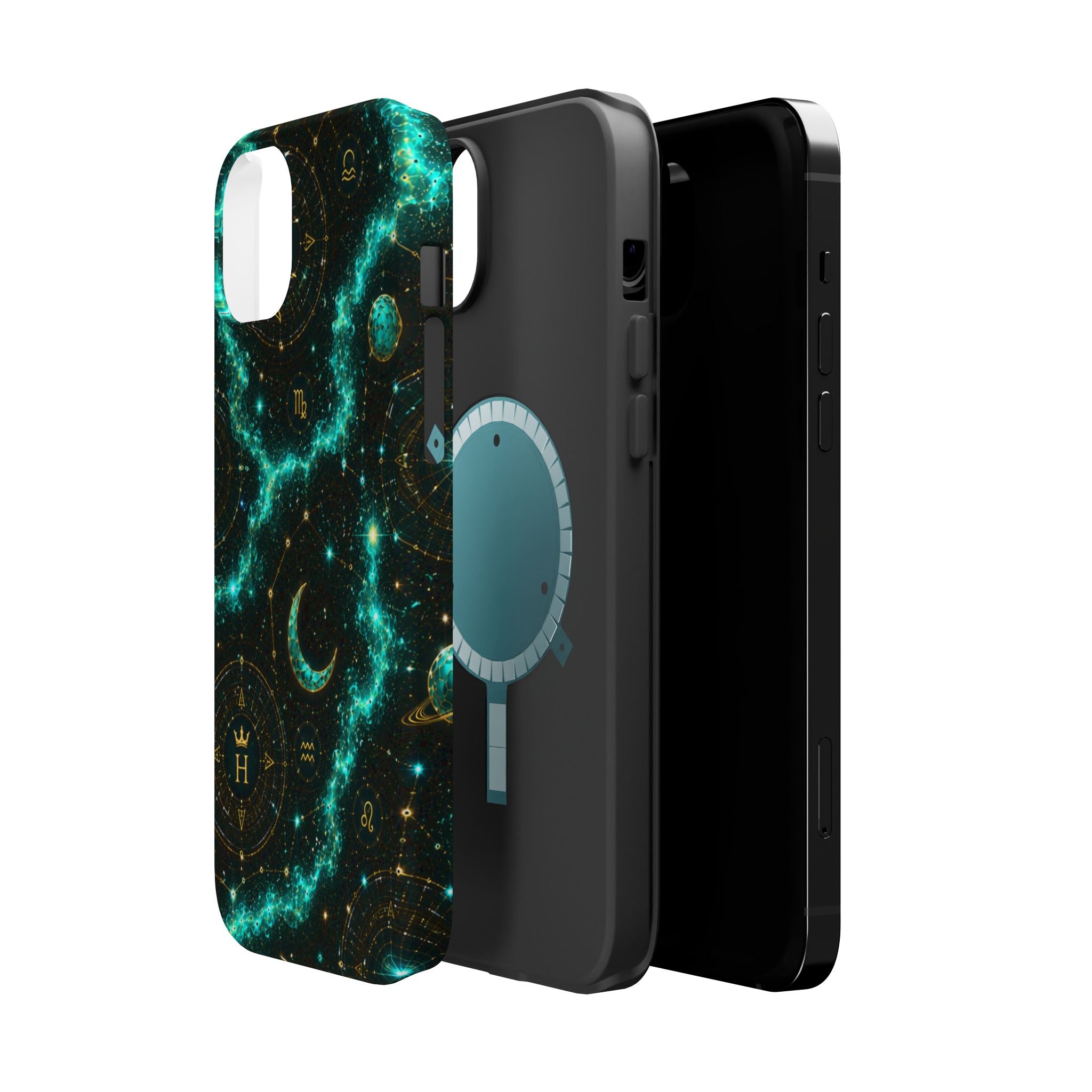 Astrology Constellation Magnetic Phone Case — Impact‑Resistant, Teal Nebula Moon & Zodiac Design